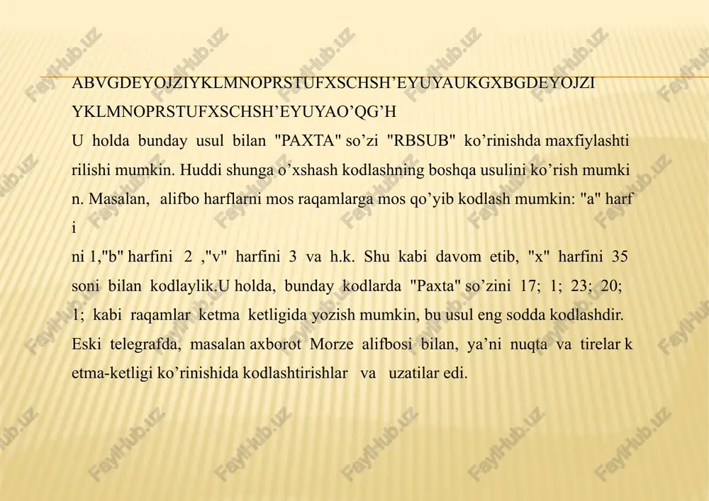 0raqamibilan, ikkinchisiniesa1raqamibilanbegilashqabulqilinganbo’lib,axborotniikkilikda kodlashnominiolgan.bundaharbirmurakkabtushuncha,ikkilikbelgilariketma- ketligidaifodalanadi.shundayqilib,quyidagilarbajariladi: -o’nlikraqamlariniikkilikda(binarli)kodlash(ik): -alifbobelgilariniikkilikdakodlash(axborotalmashishningalifbolistandart kodi-aask) kodlarikki:tekisvatekisbo’lmaganturdabo’lishimumkin.tekisikkilik belgilarigaega. tekisbo’lmagankodgamorzealifbosimisolbo’laoladi,chunkiundaharbir harfvaraqamgauzunvaqisqasignallarningikkilikketma-ketligimoskeladi. masalan,eharfigabirginanuqtamoskelsa,rharfiuchunto’rttatiremoskeladi. hisoblashtexnikasidaodatdatekiskodlardafoydalaniladi.shularqatoriga axborotlarnikiritishvachiqarishuchunehmdafoydaniladiganaxborotalmashinish kodiaak-8;ikkilikaxborotalmashinishkodi-iaakvaboshqalarnikiritish mumkin.ko’pginazamonaviykompyuterlardaharbirbelgiga8bitlik(1bayt) ketma-ketlikmosqo’yiladi.8ta0vabirlardantashkiltopganturliketma-ketliklar jami2*=256tabo’lib,ular256xilturlibelgilarnikodlashmumkin.masalan,lotin, rusalifbosiningkattavakichikharflari,raqamlar,tinishbelgilarivaboshqa belgilarinikodlashimkoniniberadi.baytvabelgilarningmosligi,ya’niharbirkodga mosbelgijadvaldako’rsatiladi.mdhdavlatlaridakengtarqalganharfraqamli kodlashningaak-8(8-xonalik)jadvalnikeltiramiz. o’zbekalifbosiharflariningkodlarilotinalifbosiharflarinikidanfarqqiladi. masalan,o’zbekchakatta"i"harfi11101001,"l"harfi11101100kodlarigaega. nolvabirlarketma-ketligibilangrafikaxborotlarnihamkodlashmumkin. gazetadagirasmgadiqqatbilanrazmsolsangizumaydanuqtalardantashkil topganliginiko’rasiz.turlipoligrafiyauskunalaridabunuqtalariningzichligiturlicha bo’ladi.ko’pchilikgazetalardagirasmlardabirsantimetrlikuzunlikda24tanuqta bo’ladi,yani10x10smlirasmtaxminan60mingnuqtadaniborat.agarbularfaqat oqvaqoranuqtalardaniboratbo’lsa,uholdaularningharbirinibirbitbilankodlasa bo’ladi.agarnuqtalarharxilbo’lsa,uholdabittanuqtagabirbityetarlibo’lmaydi. ikkibitbilannuqtaning4xilrangini:00-oq,0