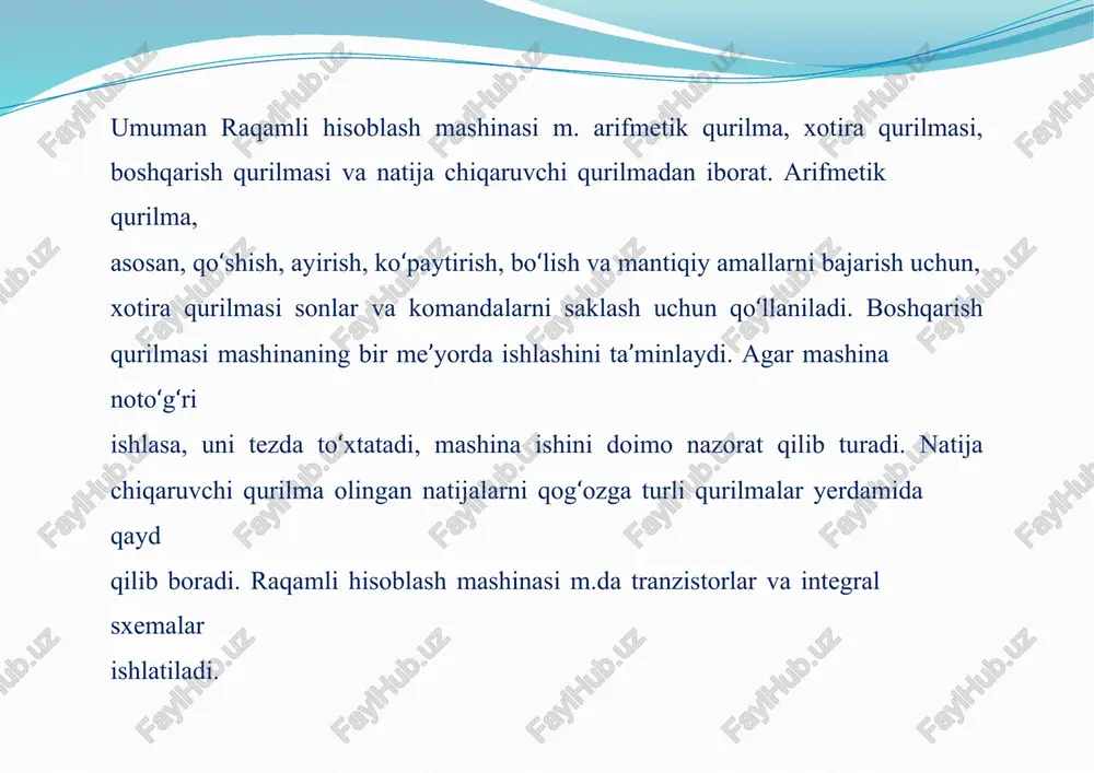 larni qo’shish amalini bajaruvchi hisoblash sxemasi bo’lib, mashinaning ikkilangan so’ziga oid razryadlik darajasiga ega. uzunligi turlicha bo’lgan tez ishlovchi xotira registrlari: 1-registr (pr1) ikkilangan so’z, 2-registr (pr2) esa bitta so’zga oid razryadlik darajasiga ega. operatsiya bajarilayotgan paytda pr1 ichida operatsiyada ishtirok etayotgan birinchi son, operatsiya yakuniga etgach–natija joylashadi; pr2 ichida esa operatsiyada ishtirok etayotgan ikkinchi son joylashib, operatsiya yakuniga etgach, uning ichidagi axborot o’zgarmay qoladi. 1-registr axborotni ma’lumotlarning kodli shinasidan olishi va xuddi shu shinasi orqali uzatishi mumkin. boshqaruv sxemasi yo’riqlarning kodli shinasi orqali boshqaruv qurilmasidan boshqaruv signallarini qabul qilib, registrlar va amq summatori ishini boshqarish uchun mo’ljallangan signallarga aylantiradi. amq arifmetik (q,–, *, :) operatsiyalarni faqat so’nggi razryaddan so’ng qayd etilgan vergulli ikkilik axborotga, ya’ni faqat butun ikkilik sonlarga nisbatan bajaradi. o’zgaruvchan vergulli ikkilik sonlar hamda ikkilik-kodlashgan o’nli sonlarga nisbatan operatsiyalar ijrosi matematik soprotsessor yoki maxsus tuzilgan dasturlar jalb etilgan tarzda bajariladi. ehmlarda tashqi qurilmalar (òq) axborotning katta hajmini …