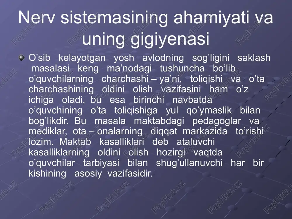 ga berilmaslik va hokozalarini ongli ravishda bajarishga harakat qilishlari kerak. aqliy faoliyat uzoq vaqt davom etaversa, ularning ish qobilyati asta- sekin pasayib, ish sifati yomonlasha boshlaydi, bajarayoygan ishga nisbatan etibor kamayadi, o’zlashtirish pasayadi, bo’shashadi, mudraydi. bu holat miyaning ish bajarayotgan markazlaridagi nerv hujayralari qo’zg’alish holatidan tormozlanish holatiga o’tganligini, yani ular charchaganini ko’rsatadi. charchash bu tashqi muhit bilan miya po’stlog’idagi nerv hujayralari o’rtasidagi aloqaning vaqtincha uzilishidir. charchash deganda, miya hujayralarining shu bilan birga butun organizmning ishchanlik qobilyati pasayishi tushuniladi. bu fiziologik jarayon bo’lib, tormozlanishning oxirgi pog’onasi hisoblanadi. tormozlanish dastlab bosh miya po’stloq qismiga, so’ngra nerv sistemasining tuban qismlariga tarqalib, organizmni bo’shashtiradi. darsda charchashning birinchi bosqichi aktiv tormozlanishbo’shashi bog’liq . bu harakatlar ozgacha ko’rinishda namoyon bo’ladi. o’quvchilarning o’zlari aktiv yo’ldan to’xtagan bo’ladilar- sinfda ozgina shovqin- suron ko’tariladi. charchashning bundan keyingi ikkinchi bosqichi qo’ zg’alish prosesslarining bo’shashi, bilan birga davom etadi. tormozlanish prosesslari qo’zg’alish prosesslaridan ustun turadi. boshlang’ich sinf o’quvchilari uchun charchashning eng …