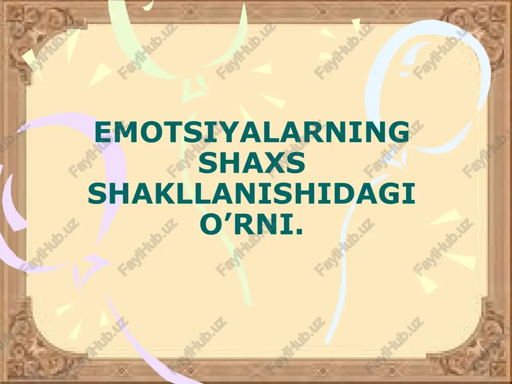 n biri djeyms- lange va ikkinchisi kennon – bart nazariyalaridir. hissiyot olamida sodir bo`layotgan narsalardan shaxs sifatidagi odam uchun ahamiyatli bo`lganlari haqida darak beruvchi signallar sistemasi hisoblanadi. ma’lum qo`zg`alishlar odam uchun xotirjamlik yoki notinchlik haqidagi fikrlarga aylanadi. signal funktsiyasi ifodalangan xatti-harakat (mimika va pantomimika) signal funktsiyasini bajaradi. ular odamning kechinmalarini boyitadi, yorqinlashtiradi va boshqa odamlarning idrok kelishini engillashtiradi. boshqaruvchanlik funktsiyasi hissiyot olamda sodir bo`layotgan narsalardan shaxs sifatidagi odam uchun ahamiyatli bo`lganlari haqida darak beruvchi signallar sistemasi hisoblanadi. ma’lum qo`zg`alishlar odam uchun xotirjamlik haqidagi signalga aylanadi. hissiyotlarning boshqaruvchanlik funktsiyasi shunda namoyon bo`ladiki, barqaror kechinmalar bizning xulqimizni yo`naltiradi va qarama-qarshiliklarni engishga undaydi. hissiyotlar hissiyotlar o`zining yuzaga kelishi nuqtai nazaridan odamning ehtiyojlari, qiziqishlari va intilishlari bilan bog`liq bo`ladi. hissiyotlar psixik faoliyatda uchta muhim vazifani: darak beruvchilik (signallik), baholash va boshqaruvchilik vazifalarini bajaradi. emotsiyalar inson va hayvonlarning ular uchun ahamiyatli bo`lgan hodisalarga munosabatini aks ettiradi. darak beruvchilik vazifasi hissiyotning darak beruvchilik vazifasi-sub`ektning tashqi qo`zg`atuvchilarning …