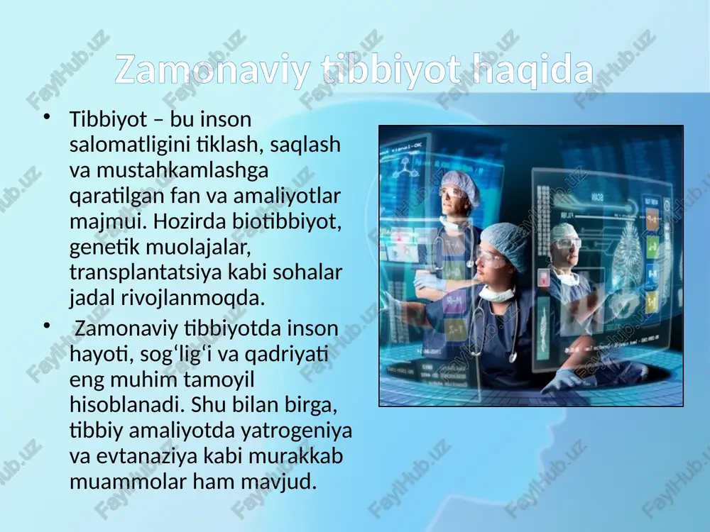 xammasi asosiy kasallikning asoratlari yoki davolashning asoratlari deb qaralardi. yatrogeniya turlari 1. diagnostik yatrogeniya 2. terapevtik yatrogeniya 3. psixologik yatrogeniya 4. farmakologik yatrogeniya amaliyotda eng kop uchraydigan yatrogeniya turi bu informasion - ma'lumot yatrogeniyalardir. bu asosan noto’g’ri muloqotdan yuzaga keladigan yatrogeniyaning bir turidir. medikamentoz, ya'ni dori darmonlar ta’sirini yaxshi bilmasdan qo’llash va ularni bemor organizmi qanday qabul qilishini o’rganmay ishlatish natijasida vujudga keladigan yatrogeniyalarni orasida eng ko’p uchraydigani teri va shilliq pardalar shikastlanishidir. yatrogeniya sabablari • shifokorning tajribasizligi • dori vositalarining noto‘g‘ri qo‘llanishi • tibbiy texnika xatolari • bemor bilan noto‘g‘ri muloqot yatrogeniya oqibatlari yatrogen kasalliklarni kechishi, axamiyati, oqibati va tanatogenezdagi o’rniga qarab uch darajaga (guruxga) bo’lish mumkin. birinchi daraja yatrogeniyalar – noto’gri, xato xatti xarakatlar bevosita o’lim sababi bo’lgan patologik xolatlar, kasalliklar va g’ayri tabiiy o’limlar. bunga gemotransfuzion va anafilaktik shoklar, kovak a'zolar va yirik qon tomirlarni tibbiy asboblar yordamida jaroxatlash, jarroxlik amaliyoti davomida o’limga olib keluvchi qon ketishlar, …