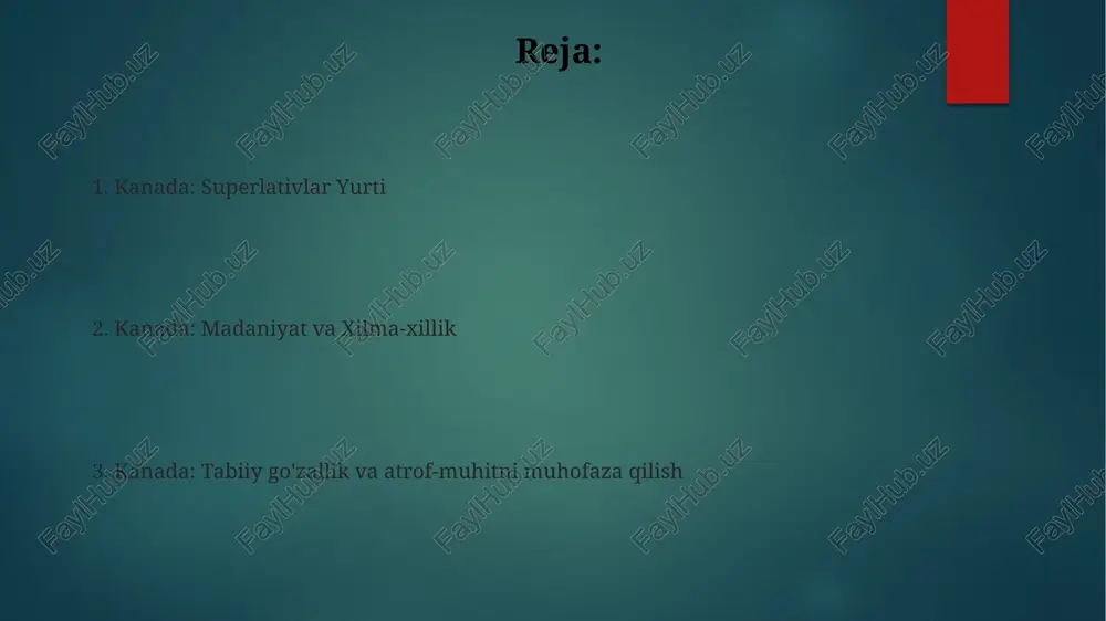 'iga ega. kanada bayrog'i, "qayin bargi bayrog'i" deb ataladi, 1965 yilda qabul qilingan. yer yuzidagi eng shirin sirop dunyo bo'yicha eng katta qayin sharbati kolleksiyasi kanadada. kanada dunyoda yer maydoni bo'yicha ikkinchi yirik davlat. rang-barang manzaralar kanada dunyodagi ikkinchi eng katta mamlakat. kanada dunyodagi eng uzun qirg'oq chizig'iga ega. shahar manzaralari va kichik shaharlar kanadan bayrog'i, "qayin bargi bayrog'i" deb nomlanadi, 1965 yilda qabul qilingan. kanada dunyodagi eng uzun qirg'oq chizig'iga ega. qishki mo'jiza kanada dunyodagi eng uzun qirg'oq chizig'iga ega. kanadan bayrog'i, "qayin bargi bayrog'i" deb ataladi, 1965 yilda qabul qilingan. e'tiboringiz uchun rahmat @taqdimot_robot image6.jpg image7.jpg image8.jpg image9.jpg image10.jpg image11.jpg image12.jpg image13.jpg image14.jpg image15.jpg image16.jpg image17.jpg image18.jpg image19.jpg image20.jpg image21.jpg image22.jpg image2.png image3.png image4.png image5.png