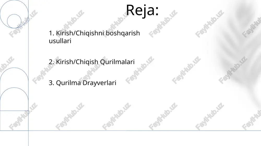 h va kesh qurilma drayverlari: operatsion tizimga apparat bilan muloqot qilish imkonini beradigan dastur. chiqish boshqaruvi: operatsion tizimning ma'lumotlarni displey va printer kabi qurilmalarga qanday yuborishini boshqaradi. kirishni boshqarish: klaviatura, sichqoncha va boshqa qurilmalardan foydalanuvchi kiritishini boshqaradi. 6. qurilma haydovchilari i/o qurilmalari kompyuterning tashqi dunyo bilan o'zaro ta'sir qilishini ta'minlaydigan apparat qismlari hisoblanadi. kirish qurilmalari foydalanuvchilarga kompyuterga ma'lumot kiritish imkonini beradi, chiqish qurilmalari esa ma'lumotni kompyuterdan chiqarib ko'rsatadi yoki uzatadi. operatsion tizimi protsessor (cpu) va kirish/chiqish qurilmalari o'rtasida aloqani boshqaradi, samarali ma'lumotlar uzatish va resurslarni taqsimlashni ta'minlaydi. 7. kirish/chiqish qurilmalari uskuna drayverlarini, uzilishlarni qayta ishlashni va ma'lumotlar uzatishni boshqaradi. kirish va chiqish boshqaruvi operatsion tizim va tashqi qurilmalar o'rtasidagi aloqani boshqaradi. i/o jadvallashtirish bir nechta jarayonlar uchun diskka kirishni optimallashtiradi va ishlashni yaxshilaydi. 8. kirish/chiqish jadvallashtirish i/o tizimi arxitekturasi: protsessor va tashqi qurilmalar o'rtasidagi aloqani boshqaradi. kirish va chiqish boshqaruvi: os qurilmalarga/qurilmalardan ma'lumotlar qanday uzatilishini boshqaradi. operatsion tizim qurilmalarga kirish, …
