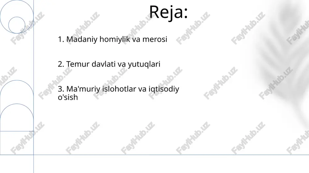 xavfsiz yo'llarni yaratish va kuchli valyuta joriy etish orqali savdo va tijoratni rag'batlantirdi. 5. ma'muriy va iqtisodiy islohotlar samarqanddagi qabri turizm uchun mashhur joy va uning abadiy ta'sirining ramzi bo'lib qolmoqda. temur hozirgi madaniyatda kitoblar, filmlar va teleko'rsatuvlarda paydo bo'lib, qiziqish uyg'otadigan shaxsdir. 6. temur zamonaviy madaniyatda harbiy yurishlar va fath qilish: temur fors, markaziy osiyo va hindiston bo'ylab keng hududlarni zabt etgan mohir harbiy rahbar edi. davlat arbobi: temur kuchli imperiya qurgan, savdo va madaniy almashinuvni rivojlantirgan aqlli ma'mur edi. miros: temur imperiyasi mintaqa tarixi va madaniyatiga uzoq muddatli ta'sir ko'rsatdi. 7. harbiy yurishlar va fathlar e'tiboringiz uchun rahmat @taqdimot_robot image1.png image2.png image3.png image4.png image5.png image6.png image7.png image8.png