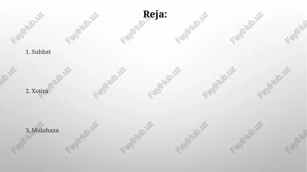 nchisi esa ko’nikmalarni saqlaydi. ularning har biri 7±2 birlik ma’lumotni saqlash imkoniyatiga ega. xotira buzilishi turli sabablarga, jumladan, travma, kasalliklar (masalan, altsgeymer kasalligi) yoki stressga bog'liq bo'lib, 30% dan ortiq odamlar xotira buzilishidan shikoyat qilishadi. muloqotda xotiraning ahamiyati muloqotdagi xotiraning roli, taqdim etilgan 100 ta faktning taxminan 30% ini eslab qolish orqali suhbat mavzusini yanada boyitish va yangi fikrlarni shakllantirishga yordam beradi. xotira, muloqot jarayonida 20% ga yaqin ma'lumotlarni saqlash va ularni keyinchalik muhokama qilish, fikrlarni rivojlantirish imkoniyatini ta'minlaydi, bu esa suhbatning chuqurlashishiga yordam beradi. xotira jarayonlari: kodlash, saqlash va qayta chaqirish qayta chaqirish jarayonida retrospektiv xotira va prospektiv xotira o'rtasidagi farq muhim ahamiyatga ega, chunki prospektiv xotira kelajakdagi voqealarni eslashni talab qiladi. semantik kodlash – ma'noni chuqurroq tushunish orqali ma'lumotni uzoq muddatli xotiraga samarali saqlash usuli hisoblanadi, bu esa eslash ehtimolini sezilarli darajada oshiradi. e'tiboringiz uchun rahmat @taqdimot_robot image3.png image4.jpg image5.jpg image6.jpg image7.jpg image8.jpg image9.jpg image10.jpg image1.png