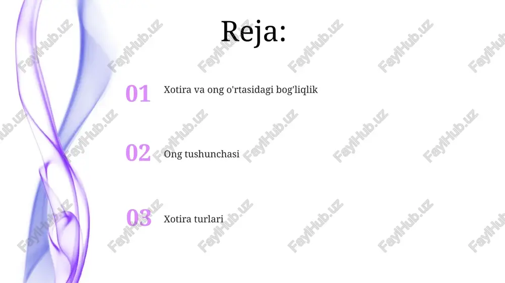 ar bilan bog'liq emas, balki ob'ektiv dunyo haqidagi bilimlarni aks ettiradi va miyaning temporal loblarida joylashgan. xotiraning turlari ishchi xotira (qisqa muddatli xotira) 7 ± 2 birlik ma'lumotni 20-30 soniya davomida saqlay oladi va aqliy faoliyat uchun muhim ahamiyatga ega. xotiraning sensorli xotirasi 0,5 soniyagacha saqlanadigan juda qisqa muddatli xotira bo'lib, unda sezgi organlari orqali olingan ma'lumotlarni dastlabki qayta ishlash amalga oshiriladi. ong va xotira o'rtasidagi bog'liqlik sensorli ma'lumotlarning qayta ishlanishi va ongdagi ularning tasvirlanishi (semantik kodlash) uzoq muddatli xotiraga saqlanish ehtimolini 30% ga oshiradi. xotira izlarining konsolidatsiyasi va chaqirib olinishi ongning faol ishtirokini talab qiladi; uyquning chuqur fazalari (rem) vaqtida 20% gacha xotira konsolidatsiyasi ro'y beradi. protsessual xotira protsessual xotiraning hajmi cheklangan bo’lib, taxminan 7 ± 2 birlik ma’lumotni saqlash imkoniyatiga ega va uning asosiy vazifasi sensorli axborotlarni qisqa muddatli saqlash orqali ularni idrok etish va qayta ishlash uchun tayyorlashdir. protsessual xotira ikki bosqichdan iborat: sensorli registratsiya va qisqa …