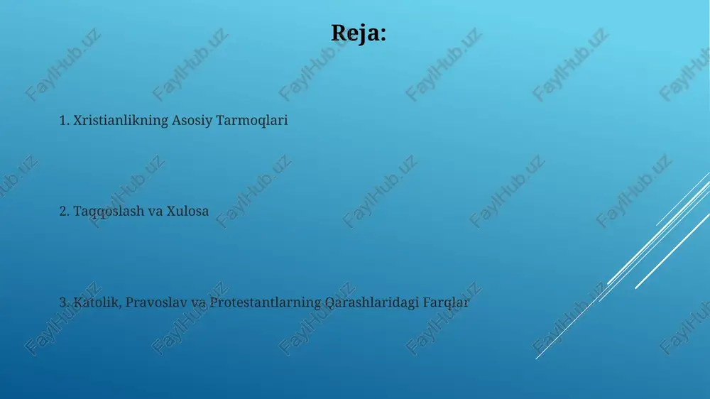 tant cherkovlari 500 dan ortiq turli-tuman mazhablarga boʻlinib, ularning har biri oʻzining oʻziga xos taʼlimotlari va amaliyotlari bilan ajralib turadi, masalan, baptistlar, metodistlar va presviterianlar. uch cherkovning tarixiy kelib chiqishi 1054-yilda buyuk shimoliy schizma katolik va pravoslav cherkovlarini ikkiga bo'lib, g'arbiy va sharqiy cherkovlarning 1000 yildan ortiq davom etgan birgalikdagi tarixiga yakun yasadi. protestant islohoti xvi asrda boshlanib, martin lyuter va jan kalvin kabi islohotchilarning ta'limoti bilan katolik cherkovining ta'siridan chiqqan bir nechta yangi cherkovlarning paydo bo'lishiga sabab bo'ldi. zamonaviy xristianlik protestantlikning oʻzi 300 dan ortiq turli mazhablarga boʻlinib, har bir mazhab bibliyani talqin qilish, marosimlar va boshqa jihatlarda oʻziga xos farqlarga ega. zamonaviy xristianlikda 30,000 dan ortiq cherkov va diniy tashkilotlar mavjud boʻlib, ularning har biri oʻziga xos eʼtiqod va amaliyotlarga ega. taqvodorlik va marosimlar protestant cherkovlari turli xil mazhablardan iborat bo'lib, ularning aksariyati 2 ta asosiy marosimlarga e'tibor qaratadi: suvga cho'mish va muqaddas kechki ovqat, lekin ularning talqini …