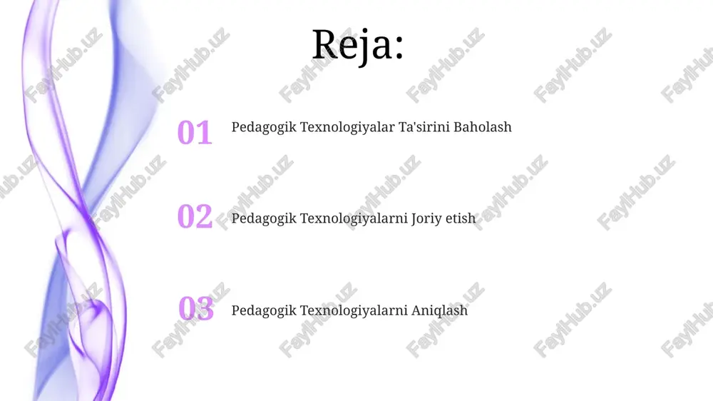 flik huquqi: yaratuvchilarning huquqlarini hurmat qilish va raqamli resurslardan axloqiy foydalanishni targ'ib qilish. raqamli tafovut va tenglik: barcha o'quvchilar uchun kirish imkoniyatlaridagi farqlarni bartaraf etish va teng imkoniyatlar yaratish. to'g'rilarni yengish va to'siqlarni engish hamkorlikni va qo'llab-quvvatlashni rag'batlantirish: talabalar birgalikda ishlashi, resurslarga kirishi va to'siqlarni engishda yordam olishi mumkin bo'lgan qo'llab-quvvatlovchi o'quv muhitini yaratish. talabalarning duch keladigan qiyinchiliklarini va mavjud pedagogik texnologiyalarning cheklovlarini aniqlash va tahlil qilish. adolat va kirish imkoniyatlarini ta'minlash resurslarga va qo'llab-quvvatlashga teng huquqli kirishni ta'minlash uchun raqamli vositalardan foydalaning. onlayn platformalar orqali hamkorlikni va inklyuziv o'quv muhitini targ'ib qiling. pedagogik texnologiyalarni ta'riflash 01 02 ushbu texnologiyalar talabalarning jalb qilinishini, hamkorlikni, ma'lumotga kirish imkoniyatini va shaxsiylashtirilgan o'qitishni qo'llab-quvvatlaydi. pedagogik texnologiyalar o'qitish va o'rganishni yaxshilash uchun ishlatiladigan vositalar va strategiyalardir. sales 1st qtr 2nd qtr 100 0 sales 1st qtr 2nd qtr 100 0 e'tiboringiz uchun rahmat @taqdimot_robot image4.jpg image5.jpg image6.jpg image7.jpg image8.jpg image9.jpg image10.jpg image11.jpg image12.jpg image13.jpg …