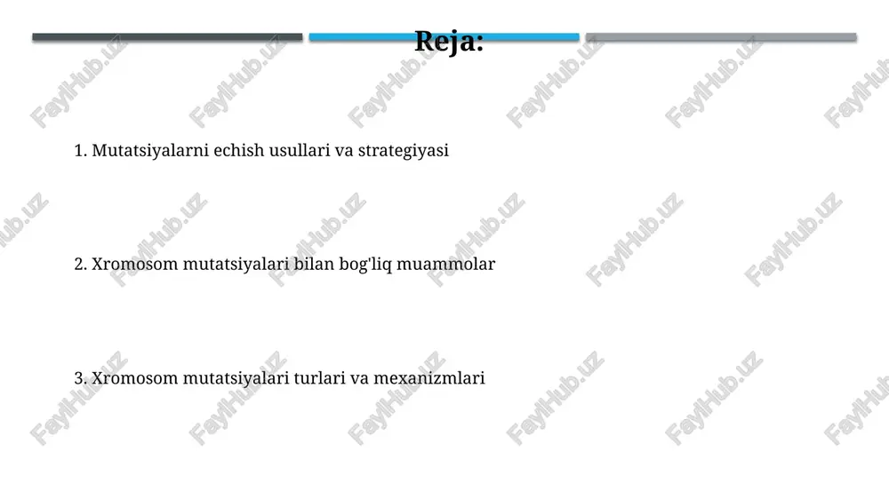eyoz jarayonida anormal gametalar hosil bo'lish ehtimoli yuqori, bu esa bepushtlikka olib kelishi mumkin. xromosom mutatsiyalarining aniqlanishi xromosom mutatsiyalarini aniqlashda karyotiping, 46 ta xromosomaning son va tuzilishini tahlil qilish orqali amalga oshiriladi va bu 1-2% tug'ma nuqsonlarga sabab bo'ladi. mikroarray sgh (comparative genomic hybridization) analizi, xromosomlarning nisbiy miqdorini taqqoslash orqali, kichik darajadagi mutatsiyalarni, shu jumladan 5-10 mb dan kichik o'zgarishlarni aniqlashga imkon beradi. xromosom mutatsiyalari turlari xromosom mutatsiyalarining strukturaviy turlari orasida deleksiya (genlar yo’qolishi), duplikatsiya (genlar takrorlanishi) va inversiya (genlar ketma-ketligining teskari o’zgarishi) kabi 3 asosiy tur mavjud bo’lib, ular xromosomaning tuzilishiga ta’sir qiladi. nümerik xromosom mutatsiyalari, masalan, trisomiya (21-xromosomaning uchta nusxasi bo’lishi – daun sindromi) yoki monosomiya (bitta xromosomaning yo’qligi), xromosomalar sonining o’zgarishi bilan bog’liq bo’lib, og’ir fenotipik o’zgarishlarga olib keladi. deleksiyalar: mexanizmi va oqibatlari deleksiyalar, xromosomaning bir qismi yo'qolishi natijasida yuzaga keladi va bu 5 dan 100 million baz juftligigacha bo'lgan dnk ketma-ketligini o'z ichiga olishi mumkin. deleksiyaning …