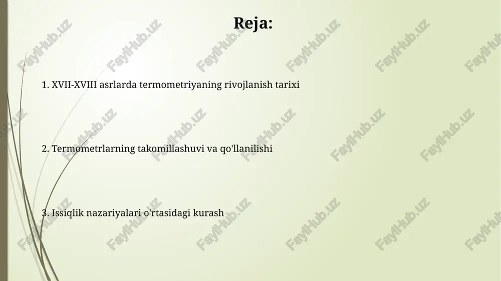 kli sifatida mavjudligi haqidagi ikki xil nazariya o'rtasida qizg'in bahs-munozaralar bo'lib o'tdi, bu esa termometriyaning rivojlanishiga ham ta'sir ko'rsatdi. xviii asr oxiridagi termometriyaning holati 18-asrda daniel gabriel fahrenheit tomonidan ixtiro qilingan simob termometri keng qo‘llanila boshlandi, bu esa haroratni 0, 32 va 100 gradusli shkalalarda aniq o‘lchash imkonini berdi. 18-asr oxiriga kelib, termometriya sohasida turli harorat shkalalari (fahrenheit, celcius, réaumur) mavjud bo‘lib, ular orasida bir xil standart yo‘qligi ilmiy muammolarni keltirib chiqardi. santorio santorio va tibbiy termometriya santorio santorio o'z yaratgan tibbiy termometrida 1612 yilda suvning kengayishi printsipidan foydalangan bo'lib, bu bilan bemorlarning tana haroratini o'lchash uchun dastlabki asos yaratgan. uning termometri, taxminan 15 sm uzunlikdagi trubkadan iborat bo'lib, miqdori 110 bo'linmadan iborat bo'lgan shkalaga ega edi. bu haroratni nisbiy ravishda o'lchash imkonini bergan. termometriyaning rivojlanishiga ta'sir ko'rsatgan boshqa olimlar 17-asr oxirida, guillaume amontons atmosfera bosimining o'zgarishiga qarab termometrdagi suyuqlikning kengayishini o'lchab, mutlaq nol nuqtasini taxminan -240 °c deb aniqlashga …