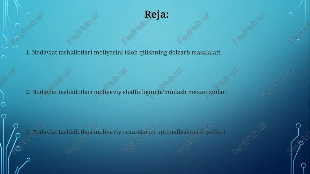 hkilotning shaffofligiga bog'liq. mablag'larni boshqarishda 15% dan ortiq xarajatlarni optimallashtirish orqali, tashkilot o'z faoliyatini 25% ga samaraliroq amalga oshirishi mumkin. ichki nazorat tizimini kuchaytirish ichki nazorat tizimini kuchaytirish uchun moliyaviy hisobotlarni avtomatlashtirish, xarajatlarni 15-20% ga kamaytirish va xodimlar malakasini oshirish orqali xatoliklar sonini 30% ga qisqartirish mumkin. ichki auditlarni yiliga kamida 2 marta o‘tkazish va ularning natijalarini tahlil qilish orqali moliyaviy operatsiyalarning shaffofligini oshirish hamda korrupsiyaga qarshi kurashni kuchaytirishga erishish mumkin. davlat tomonidan qo'llab-quvvatlash mexanizmlarini takomillashtirish davlat grantlari hajmini 20% ga oshirish va ularni taqsimlashda shaffoflikni kuchaytirish orqali nntlarning moliyaviy barqarorligini ta'minlash mumkin. kamida 3 yillik davr uchun moliyalashtirishni kafolatlash orqali uzoq muddatli strategik rejalashtirish imkoniyatini yaratish va nntlarning ishonchini oshirish zarur. nodavlat tashkilotlari moliyasini isloh qilishning dolzarbligi yillik auditdan o'tmagan nodavlat tashkilotlari soni 50% ni tashkil etadi, bu esa korruptsiya xavfini va mablag'larning noto'g'ri ishlatilishi ehtimolini oshiradi. moliyaviy islohotlar natijasida nodavlat tashkilotlarining grantlar va xayriya mablag'larini jalb qilish imkoniyatlari …
