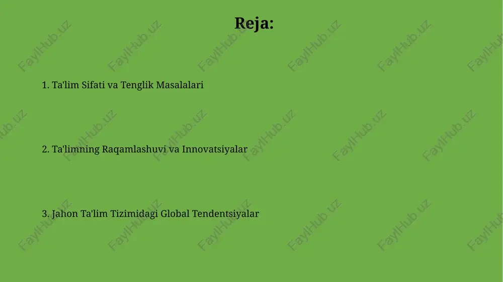 'lgan 500 milliondan ortiq kishi ishsizlikka duch kelishi taxmin qilinmoqda. raqamli savodxonlik ko'nikmalariga ega bo'lgan yoshlarning mehnat bozorida raqobatbardoshligi 20-30% ga oshganligini ko'rsatuvchi tadqiqotlar mavjud. ko'p tilli ta'lim ko'p tilli ta'lim muhitlarida o'quvchilarning 80% dan ortig'i o'z ona tillarida bilim olganlariga nisbatan yuqori akademik natijalarga erishishadi, bu esa ta'limning samaradorligini ko'rsatadi. o'quvchilarning ikki yoki undan ortiq tilda bilim olish imkoniyati kognitiv funksiyalarni, jumladan, muammo echish va tanqidiy fikrlash ko'nikmalarini 20-30% ga yaxshilashi mumkinligi ilmiy isbotlangan. ta'lim sifatini baholash ta'lim sifatini baholashda xalqaro standartlar, masalan, pisa va timss sinovlari natijalari, o'quvchilarning bilim va ko'nikmalarini baholashda muhim rol o'ynaydi, o'rtacha 500 dan ortiq ball to'plagan davlatlar yuqori ko'rsatkichlarga ega. o'qituvchilar malakasini oshirish dasturlari, 20% dan ortiq o'qituvchilarni qamrab olgan holda, ta'lim sifatini yaxshilashga qaratilgan bo'lib, shu orqali o'qitish metodologiyasini takomillashtirishga hissa qo'shadi. ta'limni moliyalashtirish jahon banki ma'lumotlariga ko'ra, rivojlanayotgan mamlakatlarda ta'limga sarflanadigan yalpi ichki mahsulotning (yaim) ulushi o'rtacha 4% ni tashkil etadi, …