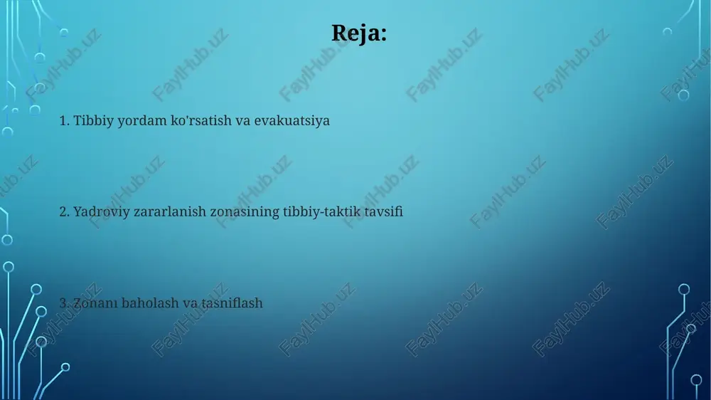 i tashish uchun mo'ljallangan maxsus transport vositalari tashkil etadi. tibbiy yordamni tashkil etishda, 100 km radiusdagi zonalarni 3 ta asosiy sektorga bo'lish va har bir sektorga 20 dan ortiq tibbiyot brigadalarini joylashtirish kerak. evakuatsiya choralari radioaktiv ifloslanish darajasiga qarab, 3 ta evakuatsiya bosqichi belgilangan: shoshilinch, rejalashtirilgan va nazorat ostida bo'lgan, har bir bosqich turli xil transport vositalarini va tibbiy yordamni talab qiladi. evakuatsiya paytida aholi sonini aniqlash va ularning sog'lig'ini kuzatish uchun 5 ta mobil tibbiyot punktlari va 20 ta tez tibbiy yordam brigadasi safarbar qilinadi. zonaninig chegaralari va o'lchamlari zonaninig shikastlanish darajasiga qarab 3 ta asosiy sektorga bo'lingan: yuqori, o'rta va past darajadagi zarar; har bir sektorning o'lchamlari va xavf darajasi turlicha. yonuvchi moddalar tarqalish zonasining maydoni taxminan 20 kvadrat kilometrni tashkil etib, bu hududda kimyoviy va radioaktiv moddalar yuqori konsentratsiyada mavjud. radiatsion fonning darajasi radiatsiya fonining taqsimlanishi notekis bo'lib, ba'zi nuqtalarda 1000 mikrosivert/soatga yetgan, shu sababli individual himoya …