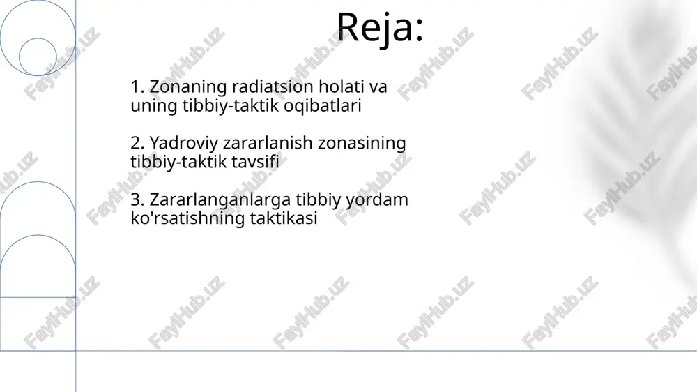 i, bu esa katta logistika muammolarini keltirib chiqaradi. 5. radiatsion zararlanishning oqibatlari tashqi nurlanishdan tashqari, ichki nurlanish manbalari (masalan, radioaktiv chang) qo'shimcha doza olishga va uzoq muddatli sog'liqqa ta'sir qiluvchi ta'sirlarga, jumladan, saratonga olib kelishi mumkin. radiatsiya ta'sirida o'tkir radiatsion kasallikning 1-3 darajalari 50-100 gy dozalarida o'lim xavfini 50% dan yuqori oshiradi, shu bilan birga, qon yaratish tizimining jiddiy buzilishi kuzatiladi. 6. profilaktika choralarining ahamiyati yuqumli kasalliklar profilaktikasi, jumladan emlash, yiliga o'rtacha 2-3 million o'limni oldini oladi, bu global sog'liqni saqlash uchun muhim hisoblanadi. profilaktika choralarining o'z vaqtida qo'llanilishi kasalliklarning 70% gacha oldini olishga yordam beradi va sog'liqni saqlash tizimiga 30% gacha moliyaviy yukni kamaytiradi. 7. yadroviy zararlanish zonasining taktik-tibbiy tavsifi yadroviy portlash markazidan 1-2 km masofada radiatsiya darajasi soatiga 1000 rentgendan oshib ketishi mumkin, bu o'ta og'ir nurlanish kasalligiga olib keladi va o'lim xavfini keskin oshiradi. zararlanish zonasining 2-7 km radiusi ichida kuyishlar, travmalar va o'tkir radiatsion kasallikning engil …