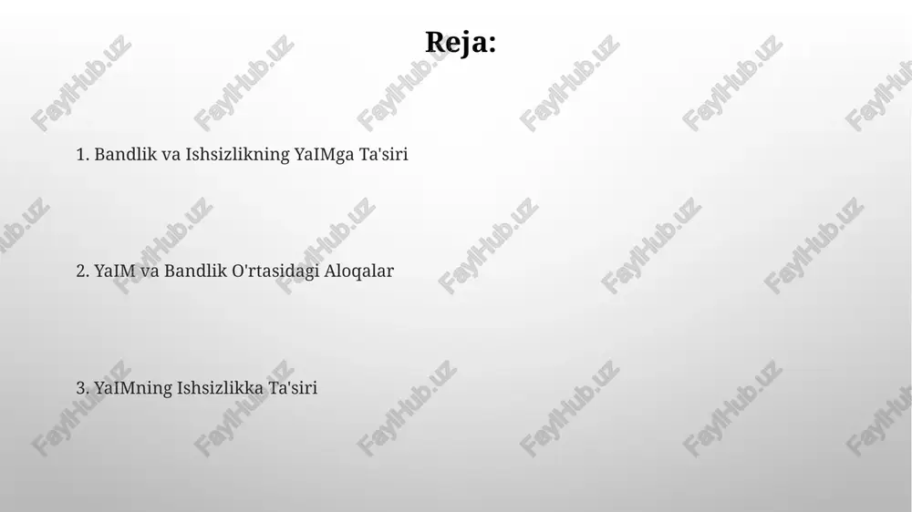arga va iqtisodiy siyosatga bog'liq. yaim pasayishining ishsizlikka ta'siri ishsizlik darajasi 5% dan yuqori bo'lsa, yaimning o'sishi sekinlashadi, chunki ishchi kuchi potentsialidan to'liq foydalanilmaydi, bu esa iqtisodiyotning umumiy samaradorligini pasaytiradi. yuqori yaim o'sish sur'atlari, odatda, ishsizlikning past darajalari bilan bog'liq bo'lib, aks aks holda, yaimning pasayishi ishsizlik darajasining oshishiga olib keladi. yaim, ish bilan bandlik va ishsizlikning kelajakdagi istiqbollari yaimning 2024-yil uchun 5% o'sish prognozi ishsizlik darajasining 10% dan 8% gacha pasayishiga olib kelishi mumkin, ammo bu inflyatsiya darajasiga bog'liq. ish bilan bandlikning 10% o'sishi yaimni 3% ga oshirishi va soliq yig'imlarini 15% ga ko'paytirishi kutilayotgan bo'lsa-da, bu yalpi ichki mahsulot tarkibiga ham bog'liq. yaimning ta'rifi va hisoblanishi yaimni hisoblashda xarajatlar usuli, daromadlar usuli va qo'shilgan qiymat usuli kabi uchta asosiy yondashuv mavjud bo'lib, ular turli iqtisodiy sektorlarning hissasini aniqlashga yordam beradi, masalan, sanoat 25%, qishloq xo'jaligi 10% va xizmat ko'rsatish 65% hissa qo'shishi mumkin. yaim, yoki yalpi ichki mahsulot, …