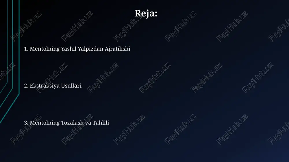 larni qoʻllash, kelajakda 20-30% gacha hosildorlikni yaxshilashga olib kelishi mumkin. jarayon parametrlari suv bug'i distillash jarayonida optimal harorat 90-100°c oralig'ida saqlanishi kerak, aks holda mentolning parchalanishi yuz berishi mumkin. bu jarayon 2-3 soat davom etadi. olingan mentol moyi tozaligi uchun distillashdan so'ng, uni 5-7°c haroratda muzlatish va keyinchalik filtrlash kerak. bu jarayon toza mentol kristallarini ajratib olishga yordam beradi. mahsulotni tozalash suvli bug‘ distillashdan keyin olingan xom mentolni 5-7 daraja selsiy haroratda sovutish orqali kristallashtirish, keyinchalik filtratsiyadan o’tkazish mahsulotning tozaligini oshiradi. mahsulotni tozalash jarayonida 90% li spirtli eritma yordamida mentol kristallarini qayta kristallash usuli qo‘llanilib, tozalik darajasi 98% ga yetkaziladi. superkritik suyuqlik ekstraksiyasi sfe, an'anaviy usullarga nisbatan, 90% dan yuqori mentol chiqindilarini kamaytirishi va 95% dan yuqori tozalikdagi mahsulot olish imkonini beradi. superkritik suyuqlik ekstraksiyasi (sfe) jarayonida, 30-40 mpa bosim va 35-40°c haroratda, suv co₂ ning erituvchi qobiliyatini oshirish uchun ishlatiladi, bu esa mentolning samarali ajratib olinishini ta'minlaydi. mentholning ahamiyati …