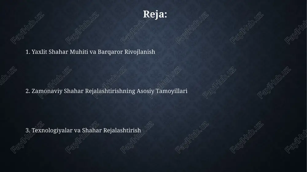 kerak. inklyuziya siyosati doirasida nogironlar uchun qulayliklar soni umumiy binolar sonining 15% dan kam bo'lmasligi lozim, bu esa universal dizayn tamoyillarini qo'llashni talab qiladi. shahar atrofi va qishloq joylar bilan integratsiya aholi zichligi 1000 kishi/km² dan kam bo'lgan shahar atrofi hududlarida aralash funksiyali zonalarni yaratish orqali, kommutatsiya vaqti 30% ga qisqarishi mumkin. shahar atrofi hududlarini qishloq xo'jaligi erlarining 20% dan kamroq qismini egallagan holda, ekologik jihatdan barqaror rivojlantirish strategiyasi samaradorligini oshirish mumkin. raqamli texnologiyalar va "aqlli shaharlar" smart shaharlar infratuzilmasini boshqarish va monitoring qilish uchun 5g tarmog'i va bulut texnologiyalaridan foydalanib, xizmatlarning tezligi va ishonchliligini 40% ga oshiradi. aqlli shaharlar energiya iste’molini 30% ga kamaytirish, chiqindilarni 20% ga qisqartirish va jamoat transporti samaradorligini 15% ga oshirish imkoniyatini beradi, bu esa iot va big data tahlillariga asoslangan. iqtisodiy rivojlanish va shaharsozlik shahar atroflarining rivojlanishi va yangi ish o'rinlari sonining ko'payishi (taxminan 15-25%) shaharsozlikning iqtisodiy samaradorligini belgilaydi, bu esa davlat byudjetiga qo'shimcha …