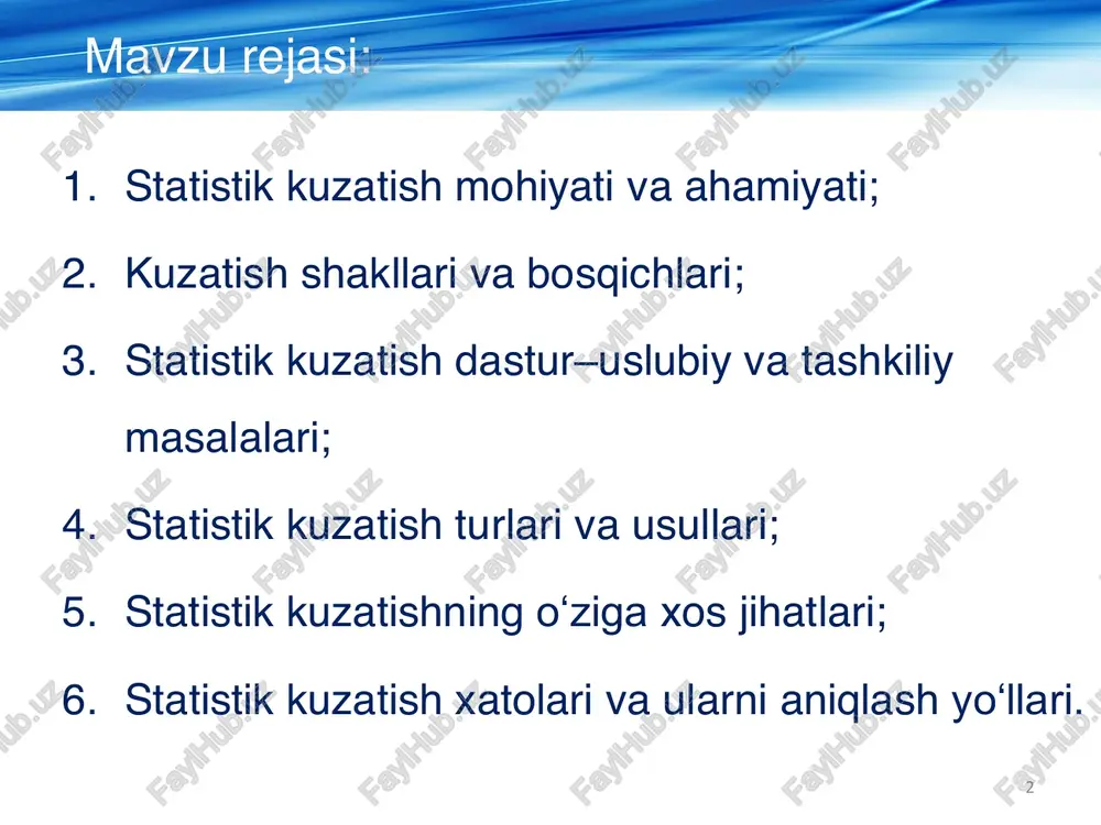 irligi sayti. www.stat.uz - oʻzbekiston respublikasi prezidenti huzuridagi statistika agentligining rasmiy sayti. www.mift.uz - oʻzbekiston respublikasi investitsiyalar, sanoat va savdo vazirligi sayti. www.countrymeters.info – jahon aholisi on-layn hisobi. www.worldinvestmentreport.org - jahon investitsion hisobotining nashri www.investing.com - investitsiya bozorlarini tahlil qilish. 4 http://www.lex.uz/ http://www.mf.uz/ http://www.stat.uz/ http://www.mift.uz/ http://www.countrymeters.info/ http://www.worldinvestmentreport.org/ http://www.investing.com/ 1. statistik kuzatish mohiyati va ahamiyati 5 insonlar statistik ma`lumotga turlicha yondashadilar: -befarqlar; -toʻliq ishonadilar; -umuman ishonmaydilar. … hayotda, odatda, sifatliroq ma`lumotga ega kishi boshqalarga nisbatan koʻproq muvafaqqiyat qozonadi. benjamin disraeli, buyuk britaniyaning 40 chi va 42 chi bosh vaziri 1868, 1874 - 1880 yy « as a general rule, the most successful man in life is the man who has the best information » 6 iqtisodiy voqealarni bilish jarayonining bosqichlari ijtimoiy-iqtisodiy voq`elikni kuzatish statistik koʻrsatkichlar statistik qonuniyatlar iqtisodiy qonun va qonuniyatlar statistik kuzatish mohiyati va ahamiyati 7 statistik kuzatish statistik tadqiqotning boshlang`ich bosqichi hisoblanadi. shuning uchun yigʻilgan birlamchi ma`lumotlar qanchalik toʻliq …