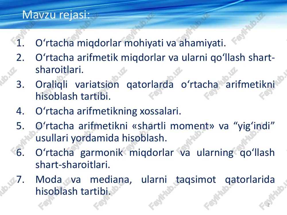 anbalari www.lex.uz – oʻzbekiston respublikasi qonun hujjatlari ma’lumotlari milliy bazasi. www.mf.uz – oʻzbekiston respublikasi iqtisodiyot va moliya vazirligi sayti. www.stat.uz - oʻzbekiston respublikasi prezidenti huzuridagi statistika agentligining rasmiy sayti. www.mift.uz - oʻzbekiston respublikasi investitsiyalar, sanoat va savdo vazirligi sayti. www.countrymeters.info – jahon aholisi on-layn hisobi. www.worldinvestmentreport.org - jahon investitsion hisobotining nashri www.investing.com - investitsiya bozorlarini tahlil qilish. 4 http://www.lex.uz/ http://www.mf.uz/ http://www.stat.uz/ http://www.mift.uz/ http://www.countrymeters.info/ http://www.worldinvestmentreport.org/ http://www.investing.com/ 1. oʻrtacha miqdorlarning mohiyati va ahamiyati oʻrtacha miqdor statistikada eng keng tarqalgan umumlashtiruvchi koʻrsatkichlardan hisoblanadi. faqat oʻrtacha miqdor yordamida miqdoriy oʻzgaruvchan toʻplamni xarakterlash mumkin. statistikada oʻrtacha miqdor deganda - bir turdagi ommaviy ijtimoiy - iqtisodiy xodisalarni oʻzgaruvchan belgilari asosida umumlashtirib ifodalovchi miqdor, koʻrsatkich tushuniladi. oʻrtacha miqdorlarning mohiyati va ahamiyati oʻrtacha miqdorning xususiyati shundaki, u toʻplamning umumiy darajasini yoki undagi ayrim birliklarning darajasini ifodalamasdan, balki oʻrganilayotgan belgi umumiy darajasining toʻplam birliklariga boʻlgan nisbatini ifodalaydi. oʻrtacha miqdorlarning asosiy xossalari umumlashtirib ta’riflash ayrimlik (xususiylik)ni cheklash qonuniyatlarni yuzaga chiqishini …