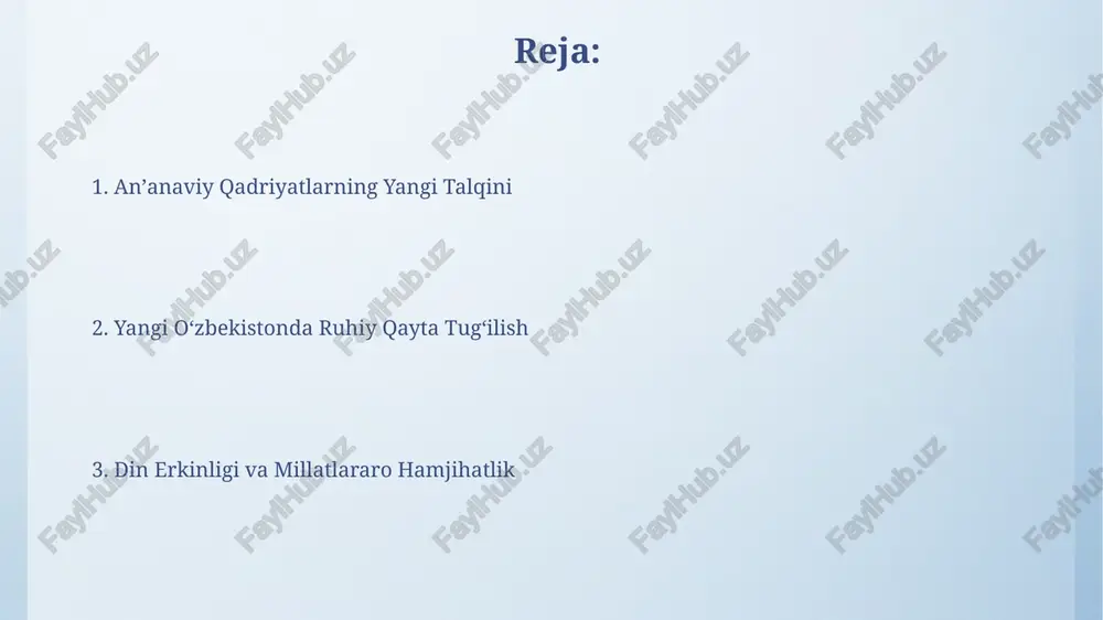 qayta tiklash va rivojlantirish boʻyicha davlat dasturlari amalga oshirilmoqda, bu milliy madaniy merosni saqlashga xizmat qilmoqda. islom dini taʼlimi muassasalarining soni 2017 yildan beri 2 barobarga oshdi, bu diniy bilimlarni chuqurlashtirish va diniy bagʻrikenglikni kuchaytirishga yordam beradi. diniy ekstremizmga qarshi kurash va uning natijalari davlat diniy siyosati doirasida milliy va xalqaro ekspertlar bilan hamkorlikda 50 dan ortiq profilaktik dasturlar ishlab chiqilgan va amalga oshirilgan. diniy ekstremizmga qarshi kurash doirasida 1000 dan ortiq masjid va islom ta'lim muassasalarining faoliyati monitoringda bo'lib, xavfsizlik choralari kuchaytirilgan. diniy taʼlim muassasalarining islohotlari mamlakatdagi 2000 dan ziyod masjidlarda diniy ekstremizm va radikalizmga qarshi kurashish bo‘yicha ma’naviy-ma’rifiy tadbirlar o‘tkazish tizimi takomillashtirildi. islom instituti va medreselarda 300 dan ortiq xorijiy mutaxassislar jalb qilingan holda, ta’lim sifatini xalqaro standartlarga yetkazish bo‘yicha keng ko‘lamli ishlar olib borildi. oʻzbekiston diniy siyosatining global kontekstidagi oʻrni oʻzbekistonning diniy siyosati, terrorizm va ekstremizmga qarshi global kurashda faol ishtirok etish orqali, xalqaro hamjamiyat bilan hamkorlikni …