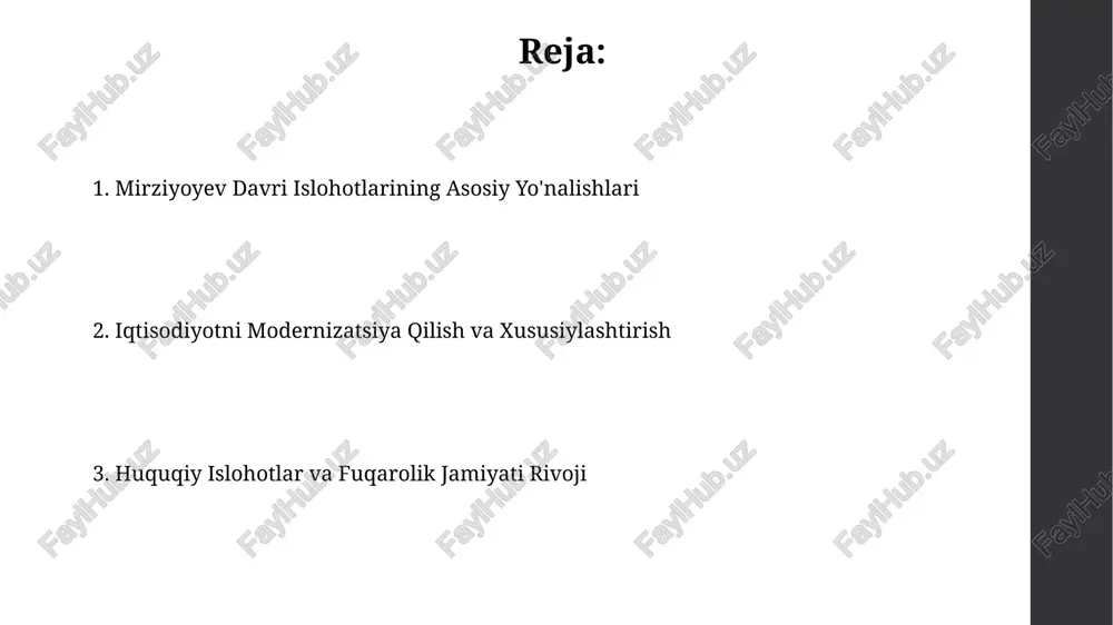 muddatlarini qisqartirish va shartli ozod qilish mexanizmlarini kengaytirish orqali. sog'liqni saqlash tizimini isloh qilish tibbiyot xodimlarining malakasini oshirish dasturlari doirasida 5000 dan ortiq shifokor va o'rta tibbiyot xodimlari xorijiy mamlakatlarda malaka oshirish kurslarida qatnashdi, bu esa sog'liqni saqlash xizmatining sifati va samaradorligini oshirishga xizmat qiladi. mirziyoyev davrida 1000 dan ortiq yangi oilaviy poliklinikalar qurildi va zamonaviy tibbiyot uskunalari bilan jihozlandi, bu esa birlamchi tibbiy yordam sifatini sezilarli darajada yaxshilashga yordam berdi. ta'lim va fan sohasidagi islohotlar davlat oliy ta'lim muassasalarida 2023 yilda 50 dan ortiq yangi yo'nalishlar ochildi, bu talabalarning tanlov imkoniyatlarini kengaytirdi va zamonaviy talablarga moslashdi. ta'limning raqamlilashtirish jarayonida 5000 dan ortiq maktab elektron ta'lim resurslari bilan ta'minlandi va onlayn ta'lim platformalarining faoliyati kengaytirildi. davlat boshqaruvi va byurokratiyani qisqartirish mirziyoyev davrida davlat organlari soni 20% ga qisqargan, bu esa byurokratiyani kamaytirish va samaradorlikni oshirishga qaratilgan. korrupsiyaga qarshi kurash doirasida byurokratik to'siqlarni bartaraf etish maqsadida “bir darcha” tamoyili joriy etildi …