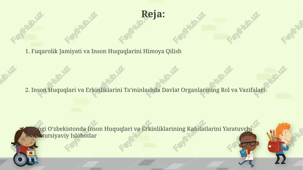00 dan ortiq huquqiy maslahat va treninglar o‘tkazilib, 10 000 dan ziyod kishi huquqiy bilim oldi. oʻzbekistonda inson huquqlari va erkinliklarini kafolatlashning yangi tamoyillari sud-huquq tizimining islohotlari doirasida 2022 yilda 1000 dan ortiq fuqaroning sud orqali huquqlari tiklandi va adolatli sud jarayoni ta’minlandi. 2017 yildan buyon oʻzbekistonda inson huquqlari boʻyicha milliy strategiya amal qilib, 5 ta asosiy yoʻnalish boʻyicha 40 dan ortiq chora-tadbirlarni oʻz ichiga oladi. yana qanday islohotlar va istiqbollar o‘zbekistonning 2030-yilga kelib inson huquqlari bo‘yicha global reytinglarda 50 pog‘onaga ko‘tarilish maqsadi, bunga erishish uchun amaldagi qonun hujjatlarini takomillashtirish va xalqaro standartlarga moslashtirish rejalashtirilgan. davlat organlari faoliyatining shaffofligini ta’minlash maqsadida, fuqarolarning davlat xizmatlariga kirish imkoniyatini kengaytirish uchun 2025-yilgacha kamida 100 ta yangi elektron davlat xizmati joriy etish rejalashtirilgan. qonun ustuvorligi va adliya tizimining islohotlari sudyalarni tanlash va tayinlash tartibini takomillashtirish orqali sud hokimiyatining mustaqilligi va xolisonaligini ta’minlash bo’yicha 2022 yilda 30% ga yaqin o’zgarishlar amalga oshirildi. qonun ustuvorligini ta’minlash …