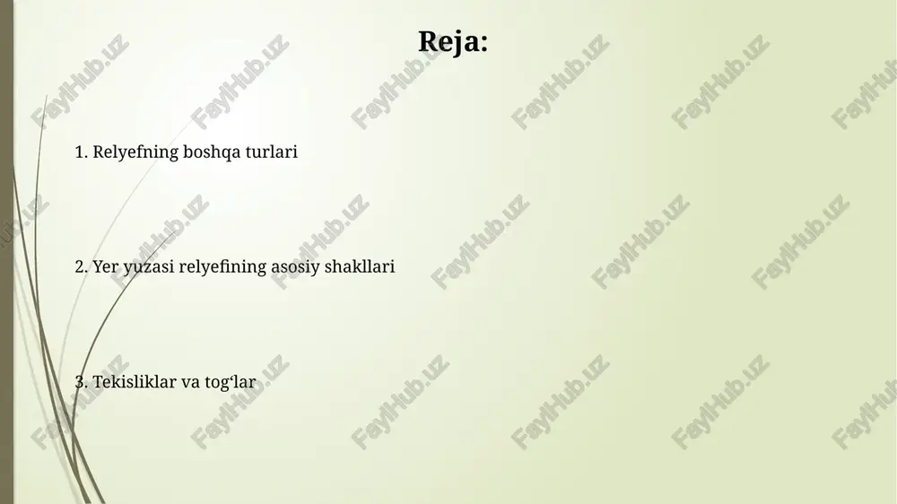 eologik jarayonlarning mahsulidir. yer silkinishlari va vulqon otilishi kabi kuchli tektonik hodisalar relyefning tezkor o'zgarishiga olib kelishi mumkin, ba'zan bir necha kun yoki hatto soatlar ichida 10 metrgacha balandlik farqini keltirib chiqaradi. tekisliklar tekisliklar, 0 dan 200 metrgacha balandlikdagi tekis yoki biroz toʻlqinsimon relyef shakllarini oʻz ichiga oladi va ularning qiyalik burchagi 2° dan oshmaydi, asosan allyuvial tekisliklar va deltalarni qamrab oladi. tekisliklar yer yuzasining taxminan 60% ni egallaydi va ularning asosiy turlari: pasttekisliklar, tekisliklar va plato(tekis togʻliklar) boʻlib, har biri oʻziga xos balandlik va relyef xususiyatlariga ega. togʻlar va togʻ tizmalari tog'larning balandligi 8000 metrdan oshadigan 14 ta cho'qqisi mavjud bo'lib, ularning aksariyati himoloy tog' tizmasida joylashgan. tog' tizmalari tektonik plitalarning harakatlanishi natijasida hosil bo'lib, yosh tog' tizmalari 10-15 million yoshda, qadimiy tog'lar esa 300 million yildan ortiq yoshga ega bo'lishi mumkin. plato va tepaliklar plato va tepaliklarning hosil boʻlishida tashqi (eroziya, denudatsiya) va ichki (tektonik koʻtarilish) jarayonlar muhim …