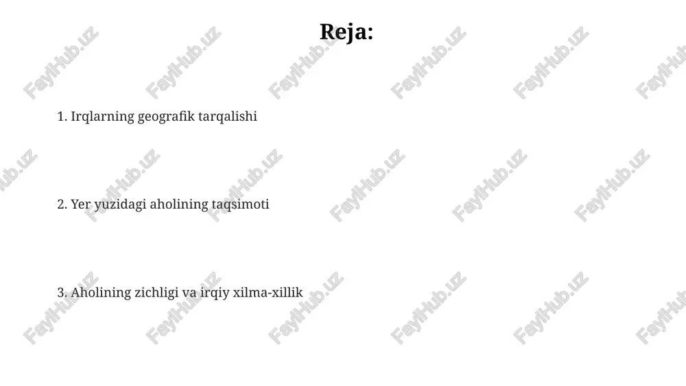 u katta miqyosdagi insoniy ofatlarga olib keladi. irqiy ziddiyatlarning 70% dan ortig'i iqtisodiy tengsizlik va resurslar uchun raqobat natijasida yuzaga keladi, bu esa ijtimoiy notinchlik va zo'ravonlikka olib keladi. so'nggi 50 yil ichida irqiy ziddiyatlar tufayli yuz bergan qurolli to'qnashuvlar soni 2 barobarga oshgan, bu esa global xavfsizlikka tahdid soladi. madaniy xilma-xillik madaniy xilma-xillik dunyo bo'ylab 7000 dan ortiq tilning mavjudligini aks ettiradi, bu esa insoniyatning boy va murakkab tarixini va turli madaniyatlarning o'zaro ta'sirini ko'rsatadi. madaniy xilma-xillik nafaqat tillar va urf-odatlarni, balki san'at, musiqa, adabiyot va diniy e'tiqodlarning keng spektrini ham o'z ichiga oladi, bu esa insoniyat tajribasining beqiyos boyligini namoyon etadi. taxminan 195 ta mustaqil davlatning har biri o'ziga xos madaniy an'analar, urf-odatlar va ijtimoiy tuzumlarga ega bo'lib, bu xilma-xillikni yanada boyitadi. demografik o'zgarishlar migratsiya jarayonlari, xususan, rivojlanayotgan mamlakatlardan rivojlangan mamlakatlarga bo'lgan katta hajmdagi ko'chish, global miqyosda aholi taqsimlanishini tubdan o'zgartirib, madaniy xilma-xillikni kuchaytiradi. tug'ilish darajasi pasayishi va …