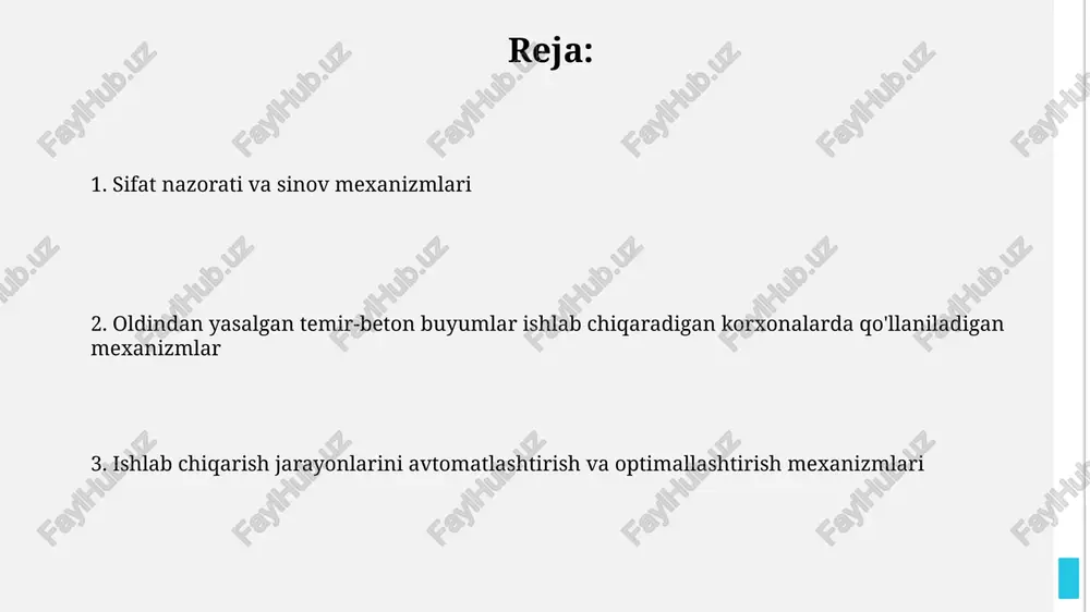 umlar ishlab chiqarish korxonalarida qo'llaniladigan mexanizmlar beton aralashmasini tayyorlashda 2-3 m³ sig'imli aralashtirgichlar va beton nasoslari ishlatilib, uzluksiz va sifatli beton yetkazib berish ta'minlanadi. katta hajmdagi prekast elementlarni ishlab chiqarishda 50-100 tonnagacha yuk ko'tarish quvvati bo'lgan kranlar va qoliplovchi presslar qo'llaniladi, bu esa ish samaradorligini oshiradi. qoliplarni tayyorlash va ishlatish mexanizmlari yuqori aniqlikdagi cnc mashinalari yordamida tayyorlangan qolip elementlari 0,5 mm gacha aniqlikka ega bo'lib, bu beton mahsulotlarining sifatini va geometrik o'lchamlarining aniqligini ta'minlaydi. qolip yig'ish va demontaj qilish jarayonini tezlashtirish uchun gidravlik yoki pnevmatik drayverlarga ega mexanizmlar qo'llanilishi, bir sikl uchun vaqtni 15-20% qisqartirishi mumkin. aralashtirish va shakllantirish jarayonlaridagi mexanizmlar prekast beton buyumlarni shakllantirishda 50-100 tona yuk koʻtara oladigan gidravlik presslardan foydalaniladi, bu esa yuqori zichlik va mustahkamlikka erishishga yordam beradi. vibro-press texnologiyasi beton massasini tebranish orqali zichlashtiradi, bu jarayon 20-30 soniya davom etib, havo bo'shliqlarini kamaytiradi va betonning mustahkamligini oshiradi. e'tiboringiz uchun rahmat @taqdimot_robot image1.jpg image2.jpg image3.jpg image4.jpg …