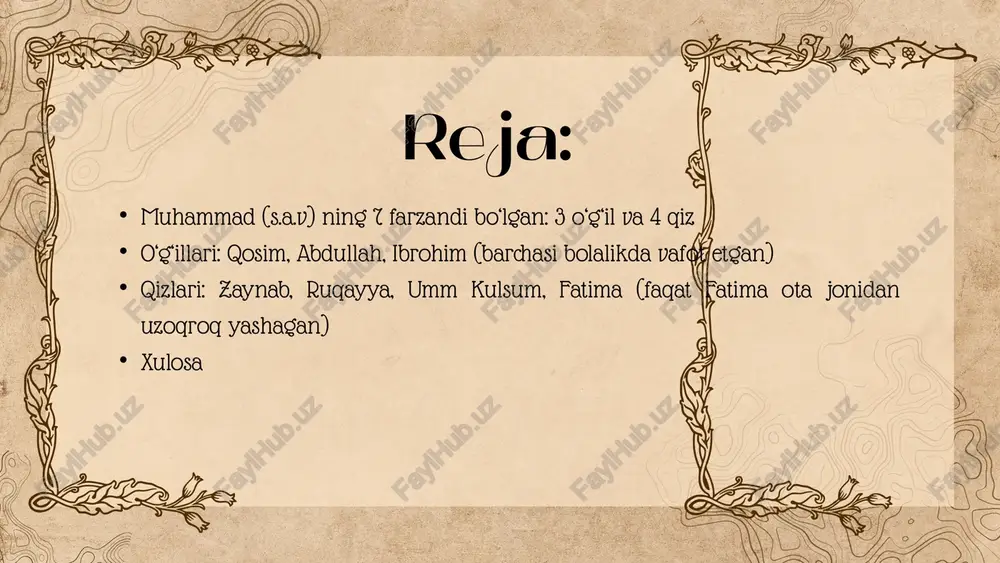 (s.a.v): madinadagi eng kichik o‘g‘il mariyaning yagona o‘g‘li ibrohim ibn muhammad (s.a.v): madinadagi eng kichik o‘g‘il mariyaning yagona o‘g‘li ibrohim payg‘ambarimizning misrlik rafiqasi mariya al-qibtiyya onamizdan madinada tug‘ilgan yagona farzandidir. u islom payg‘ambari uchun katta xursandchilik manbai bo‘lgan. 18yoshida vafot ibrohim ham yosh, atigi 18 oylik bo‘lganida vafot etgan va payg‘ambarimizni yana bir bor chuqur qayg‘uga solgan. tutilish voqeasi uning vafot etgan kuni quyosh tutilishi kuzatilgan. payg‘ambarimiz bu hodisa hech kimning o‘limi bilan bog‘liq emasligini tushuntirganlar. qabriston u madinadagi muborak baqiy qabristoniga dafn etilgan. ruqayya va ummu kulsum (r.a): ikki nur egasi bu ikki muborak qiz ulug‘ sahoba usmon ibn affon (r.a) ga ketma-ket turmushga chiqqanlari uchun usmon (r.a) "zinnurayn" (ikki nur egasi) deb atalgan. ruqayya (r.a) dastlab abu lahabning o‘g‘liga uzatilgan, lekin nikoh bekor qilingach, usmon (r.a) ga turmushga chiqqan. ummu kulsum (r.a) ruqayya (r.a) vafotidan keyin, hijratning 3-yilida, payg‘ambarimiz uni usmon (r.a) ga nikohlab berganlar. usmon (r.a) bilan …