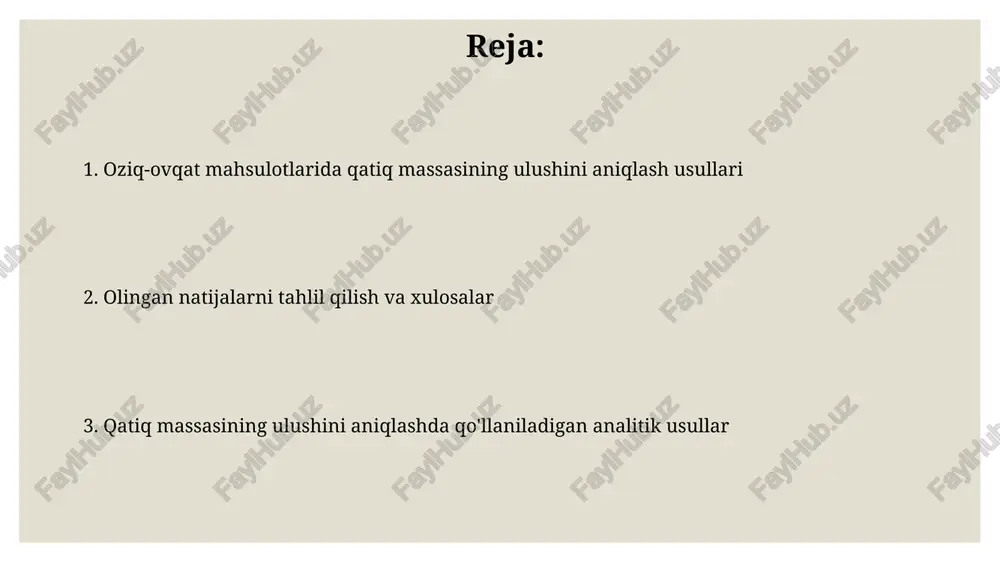 bu usul, yog'urt massasi fraksiyasini aniqlashda 0,5% dan kam standart xatolik bilan yuqori aniqlikni ta'minlaydi va bir nechta namunalarni tez tahlil qilish imkonini beradi. yanir spektroskopiyasi kalibrlash modellaridan, masalan, pls (partial least squares) regressiya modellaridan foydalangan holda, yog'urt tarkibidagi turli komponentlarning miqdoriy tahlilini amalga oshiradi. fizikaviy usullar: zichlik o'lchovi yogurt massasi fraksiyasini aniqlashda zichlik o'lchovi usuli 0,1 g/sm³ aniqlik bilan o'lchanadigan areometr yordamida amalga oshirilishi mumkin. yogurt massasi fraksiyasini aniqlashda zichlik usuli, ayniqsa, yog' miqdori yuqori bo'lgan mahsulotlar uchun 2% dan kam xatolik bilan ishlashi mumkin. kimyoviy usullar: yog' kislotalari miqdorini aniqlash yog' kislotalarining gaz-xromatografiya usuli bilan aniqlanishi yog' miqdorini 0,1% gacha aniqlikda aniqlash imkonini beradi, bu esa tahlilning yuqori sezgirligini ta'minlaydi. titrlash usuli orqali yog' kislotalarining miqdorini aniqlashda 0,01 n eritmalardan foydalaniladi va bu usul 1-5% oralig'idagi yog' miqdorini aniqlashda samarali hisoblanadi. xromatografik usullar: gaz xromatografiyasi gaz xromatografiyasi (gx) yog'urt tarkibidagi uchuvchi organik birikmalar (uob), masalan, kislotalar (masalan, sut …