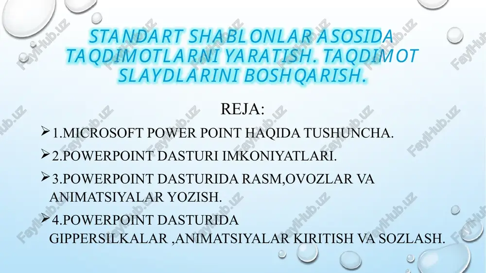 nosabati bilan forethought elektron yoʻriqnomaga oʻtishga qaror qiladi. 1987-yil forethought va powerpoint microsoft tomonidan $ 14 mln.ga sotib olinadi. 1990-yil microsoft office paketi toʻplamidagi windows uchun versiyasi namoyish qilindi. 2002-yildan boshlab office xp powerpointning paydo boʻlishi bilan u office paketidan alohida ham tarqatilishi mumkin edi. powerpoint dasturi — microsoft tomonidan yaratilgan taqdimotlar tayyorlash uchun mo‘ljallangan eng mashhur dasturlardan biridir. u ko‘plab imkoniyatlarga ega bo‘lib, foydalanuvchilarga sifatli va jozibali taqdimotlar yaratishda yordam beradi. powerpoint dasturining asosiy imkoniyatlari: 2.powerpoint dasturi imkoniyatlari. 1 2 animatsiyalar va o‘tish effektlari: 3 interaktivlik: slayd yaratish va tahrirlash: - matn qo‘shish (turli shriftlar, ranglar, o‘lchamlar). - rasmlar, grafikalar va diagrammalar kiritish. - videolar va audio fayllarni joylashtirish. - shakllar (gevristik diagrammalar, chizmalar) qo‘shish. - matn yoki obyektlarga animatsiyalar berish (masalan, paydo bo‘lish, harakatlanish). - slaydlar orasidagi o‘tish effektlarini sozlash (sliyderlar, o‘chirish, siljish). - gipermurojaatlar yaratish (slaydlar orasida yoki tashqi manbalarga o‘tish). - tugmalar va harakat mexanizmlari qo‘shish. …