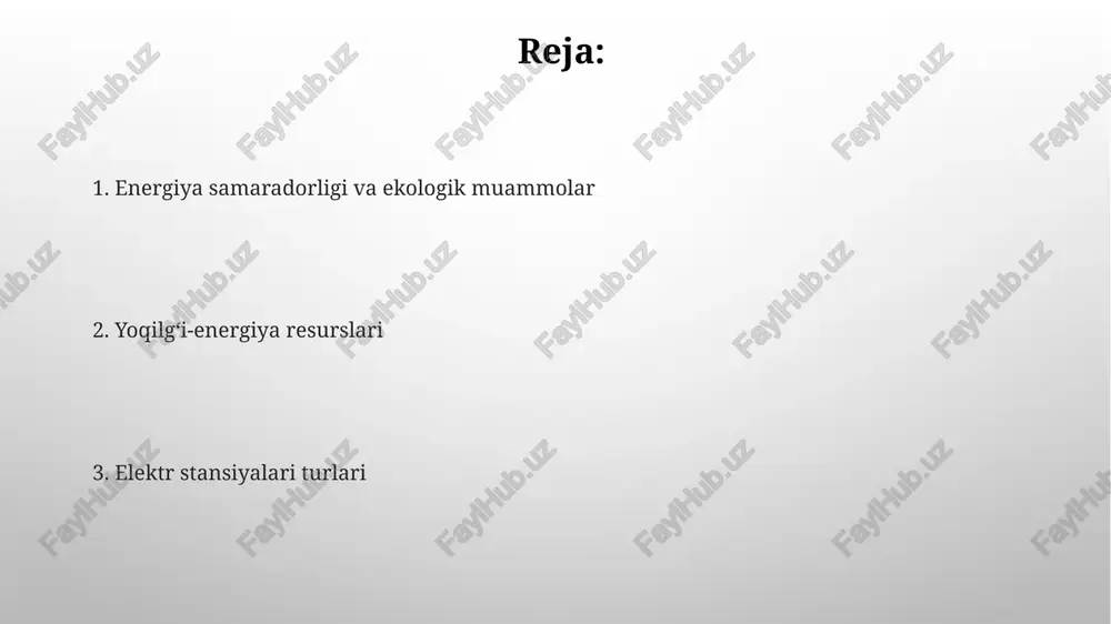 rgiya manbalari 2030-yilga borib, jahon energiya iste'molida 30% dan ortiq ulushni egallaydi deb taxmin qilinmoqda. quyosh elektr stansiyalari quyosh elektr stansiyalari (qes)ning samaradorligi quyosh nurlarining intensivligiga bog'liq bo'lib, tropik mintaqalarda 20% dan yuqori, mo''tadil zonalarda esa 15% atrofida o'zgarib turadi. o'rtacha 1 kvt quvvatli qes yiliga taxminan 1500 kvt/soat elektr energiyasi ishlab chiqaradi, bu esa 100 kvadrat metr maydonni egallaydi. shamol elektr stansiyalari shamol elektr stansiyalari yillik oʻrtacha 30% dan ortiq samaradorlikka erishishi mumkin, bu esa energiya ishlab chiqarishning iqtisodiy jihatdan foydali boʻlishini taʼminlaydi. zamonaviy shamoldan foydalanadigan elektr stansiyalarida qoʻllaniladigan turbinalar 80 metr va undan yuqori balandlikka ega boʻlib, shamol energiyasini samaraliroq ushlaydi. yoqilg'i-energiya resurslari quyosh energiyasi potentsiali o'zbekistonning janubiy hududlarida yiliga 1800-2200 soat quyosh nuri bilan juda yuqori, bu esa katta miqdordagi quyosh elektr stansiyalarini qurish imkoniyatini beradi. o'zbekistonda tabiiy gaz zaxiralari taxminan 2,2 trillion kub metrga baholanadi, bu mamlakatning energiya balansiga katta hissa qo'shadi va elektr energiyasi ishlab …
