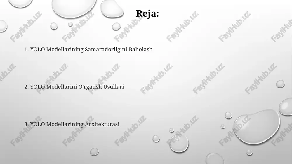 t tasvirlarida o'pkada shikastlanishlarni yoki boshqa patologiyalarni aniqlash uchun qoʻllaniladi, bu esa shifokorlarga tez va aniq diagnostika qoʻyishda yordam beradi va o'rtacha 90% aniqlik bilan javob qaytaradi. yolov5 modeli kabi eng yangi versiyalar kichik o'lchamdagi model arxitekturasiga ega boʻlib, kam resursli qurilmalarda (ram hajmi 2gb bo'lgan qurilmalarda ham) samarali ishlashi mumkin, bu esa mobil ilovalar va o'rnatilgan tizimlar uchun qulaydir. yolo modellarining umumiy arxitekturasi yolo modellari, tasvirni 448x448 pikselga boʻlib, gridga ajratish orqali ishlaydi va har bir hujayra ob'ektni aniqlash uchun javobgardir. yolo modellari, regressiya vazifasini hal qilish orqali, ob'ektning chegarasi va sinfini bir vaqtning oʻzida bashorat qiladi, bu esa uni tezkor qiladi. yolov3 modeli 106 ta konvolyutsion qatlamdan iborat boʻlib, xususiyat xaritalarini 3 turli oʻlchamlarda aniqlashga imkon beradi. yoloda ishlatiladigan yo'qotish funksiyalari yolov3 va undan keyingi versiyalarda, ob'ekt mavjudligini aniqlash uchun ikkilik cross-entropiya, chegaralarni aniqlash uchun mse va ob'ektlarni tasniflash uchun multi-class cross-entropiya qo'llaniladi, bu uchta yo'qotish funksiyasi yig'indisidan …