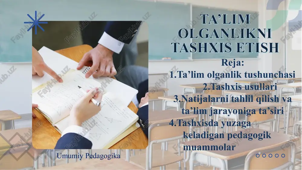 gogik tashxis – bu ta'lim jarayonida o'quvchilarning bilim, ko'nikma, qobiliyatlarini aniqlash va baholash uchun qo'llaniladigan usullar majmuasi. ular o'qituvchilarga o'quv jarayonini samarali tashkil etish, ta'lim sifatini oshirishga yordam beradi. eksperiment – ta'lim jarayonida ma'lum sharoitlarni yaratib, o'quvchilar qanday natijalar ko'rsatishini kuzatish. o'zini baholash – o'quvchilarning o'z faoliyatini baholashi, bu ularning mustaqilligi va tahlil qilish ko'nikmalarini rivojlantiradi. differensial diagnostika usullari – o'quvchilarning individual xususiyatlari, qobiliyatlari va qiyinchiliklarini aniqlashga qaratilgan. professional ta’lim yo’nalishi bo’yicha bakalavrlar o’zining pedagogik faoliyatida pedagogik diagnostika bilan shug’ullanishlari lozimligi bugungi kun talablaridan biridir. har qanday faoliyat zamirida ham amalga oshirilgan ishlarning provard maqsadi, vazifalari va kutilgan natijalari bo’ladi. faoliyat natijalarini sarhisob qilish, amaliy xulosalar yasash – bo’sh yoki muvaffaqiyatli o’rinlarni belgilab olish, faoliyatning keyingi bosqichlarida uni hisobga olish diagnostika deyiladi. pedagogik diagnostika o’quvchining o’zlashtirishi, o’qishdagi qiyinchiliklarini, uning o’qishiga ta’sir qilayotgan ijtimoiy, oilaviy omillarni o’rganishga yo’naltirilgandir. diagnostika natijalari esa ta’lim-tarbiya jarayonini to’g’ri rejalashtirish, yo’l qo’yilgan hatolarni tuzatish, psixologik- pedagogik …