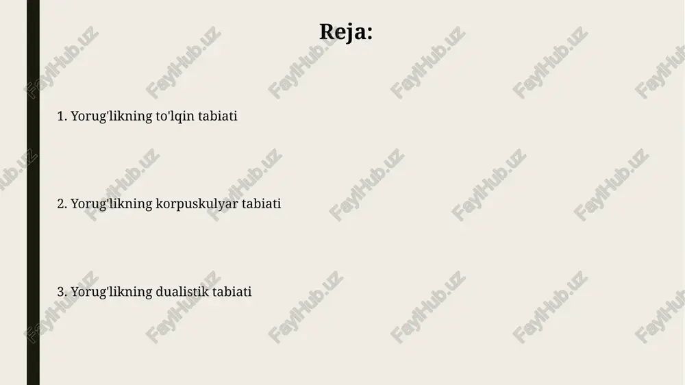 ayonlarida qoʻllash mumkin. lazer nuri juda tor nurlanish burchagiga ega boʻlib, uning divergensiyasi milliradianlarda oʻlchanadi va odatda 1 milliradian yoki undan kamroqni tashkil qiladi, bu esa lazer nurining uzoq masofalarga toʻgʻri chiziq boʻylab tarqalishini ta'minlaydi. yorug'likning tarqalishi yorug'likning tarqalishi muhitning zichligiga bog'liq; zichroq muhitda yorug'lik sekinroq tarqaladi va sinishi kuchayadi, bu esa refraksiya hodisasini keltirib chiqaradi. masalan, suvda yorug'lik tezligi havo tezligidan taxminan 25% ga sekinroq. yorug'likning tarqalish tezligi vakuumda taxminan 299,792,458 m/s ga teng bo'lib, bu fizikada fundamental doimiy hisoblanadi va yorug'likning to'lqin xususiyatini tasdiqlaydi. yorug'likning tabiatini o'rganish tarixi 20-asr boshlarida plank va eynshteyn yorug'likning ikki tomonlama, ya'ni to'lqin va korpuskulyar xususiyatlarga ega ekanligini fotonlar nazariyasi orqali tushuntirishdi, bu kvant mexanikasi rivojiga asos soldi. 17-asrda nyuton yorug'lik korpuskulyar nazariyasini ilgari surdi, bu esa yorug'likni zarrachalar oqimi deb ta'riflaydi va 1666-yilda prizmadan o'tkazib, spektrga ajratish tajribasini o'tkazdi. kompton effekti effekt kuzatilgan toʻlqin uzunligining oʻzgarishi sochilish burchagiga bogʻliq boʻlib, θ = …