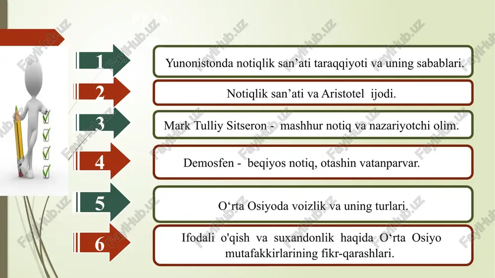 ha yuqori lavozimlarga ko'tarilardi. 3 ta'lim tizimi notiqlik san'ati maktablarda o'qitilardi. u yoshlarni jamiyatga tayyorlashning muhim qismi edi. 2.1. yunonistonda notiqlik san’ati taraqqiyoti va uning sabablari. 5 o‘rta osiyoda arastu nomi bilan mashhur bo‘lgan aristotel eramizdan avval, 384 yili stagir (makedoniya yarim orolidagi xalkidik)da shifokor oilasida dunyoga keladi. uning otasi nikomax aleksandr makedonskiyning nabirasi podsho aminti ii saroyida shifokorlik qildi. aristotel 17 yoshida afinaga keladi va bu erda o‘z zamonasining mashhur olimlaridan bo‘lgan platonga shogird bo‘ladi. 342 yili makedoniya podshosi filipp o‘zining aleksandr nomli 13 yoshli o‘g‘lining tarbiyasi uchun aristotelni mitilendan chaqirib oladi. bu erda u falsafa maktabini ochadi va katta kutubxona tashkil qiladi. shu davrda gretsyada chiroyli so‘zlashga qiziqish kuchayib ketgan edi. buning natijasida qator notiqlik maktablari ochiladi. bu maktablarda so‘z san’ati ustalari - shogirdlar yetishtirib chiqarilar edi. keyinchalik chiroyli so‘zlash haqida qo‘llanmalar maydonga keldi. shunday asarlardan biri aristotelning "ritorika" nomli kitobidir. buyuk olim uni mashhur "poetika" nomli asaridan …