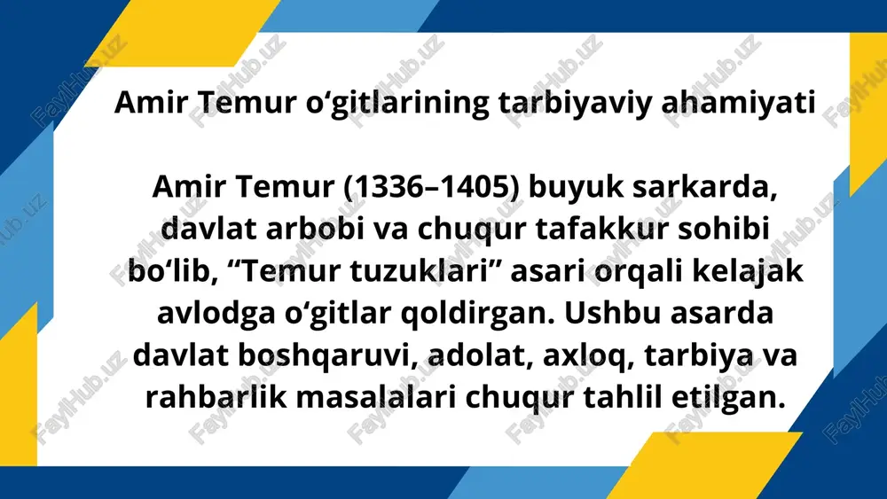 adi. asarda, shuningdek, axloqiy fazilatlarning antonimi hisoblangan salbiy illatlar va ulardan qutulish yo’llari ham bayon etilgan. insonparvarlik va adolat g‘oyalari navoiy pedagogik qarashlarining markazida insonparvarlik turadi. u barcha insonlarni teng huquqli, mehr va adolat asosida yashashga chaqiradi. insonni yomonlikdan tiyish, yaxshilikka da’vat etish — tarbiyaning asosiy maqsadi deb biladi. mirzo ulugʻbek (toʻliq ismi: muhammad taragʻay ibn shohrux ibn temur ulugʻbek koʻragon; moʻgʻulcha xonning kuyovi degan maʼnoni anglatadi[1]. 1394-yil 22-mart, sultoniya – 1449-yil 27-oktyabr, samarqand) – temuriylar davlatining hukmdori, davlat arbobi, buyuk astronom (yulduzshunos) va matematik. otasi shohrux mirzo davrida movarounnahr hokimi va otasi vafot etgach butun temuriylar imperiyasi sultoni (1447—1449) boʻldi. ulugʻbek trigonometriya va sferik geometriya kabi astronomiya bilan bogʻliq matematika sohasidagi ishlari, shuningdek, sanʼat va intellektual faoliyatga umumiy qiziqishlari bilan ajralib turardi. u 1424—1429-yillarda samarqandda ulugʻbek rasadxonasini qurdirdi. rasadxona balandligi 31 metr edi. olimlar nazarida bu rasadxona oʻsha davrda islom olami va markaziy osiyodagi eng yirik rasadxona boʻlgan. ulugʻbek …