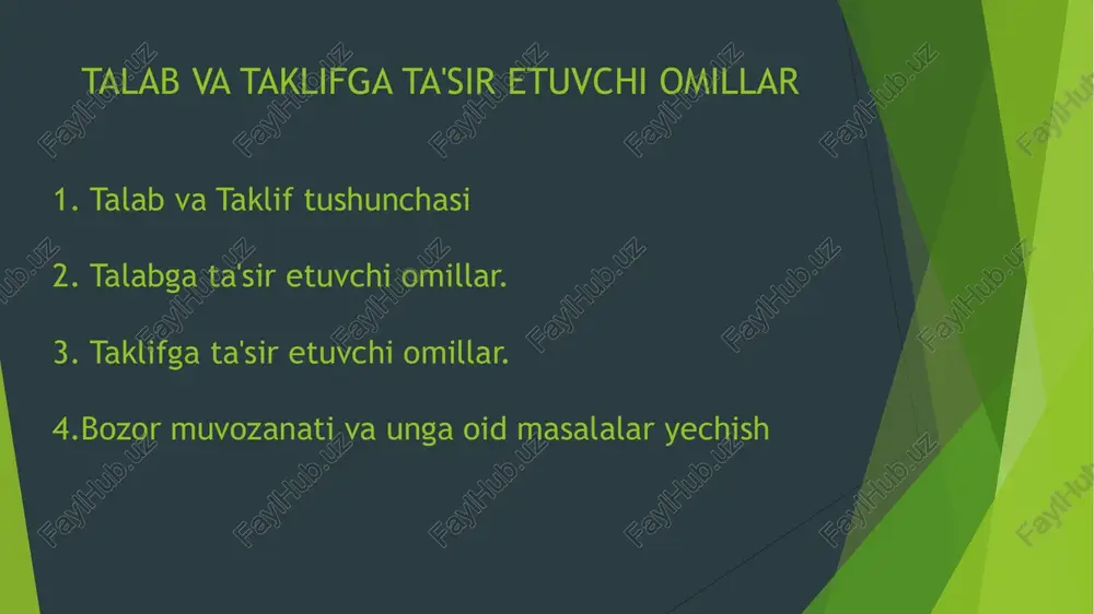 d) qanchalik ko'p bo'lsa, u kishining sotib olish ehtimoli ham shunchalik yuqori darajada bo'ladi bir-birini to'ldiruvchi tovar- bu asosiy tovar bilan birga ishlatiladigan tovar. kelajakdagi daromad o'zgarishi- iste'molchi kelajakda uning daromadi yuqori bolishini kutsa, iste'molchi tovami hozir sotib olishi mumkin. reklama va marketing tizimi mahsulotni targ'ib qilish yoki reklama yuritish talabni oshirishi mumkin bozordagi iste'molchi soni tovar uchun iste'molchi bazasi qanchalik katta bo'lsa, unga bo'lgan bozor talabi ham shunchalik kop boladi. taklifga ta'sir etuvchi omillar narx taklif qilish jarayonida narxlarning o'zgarishi ta'sir qiluvchi muhim omildir. narx tushganda taklif ortishi, narx oshganda esa taklif kamayishi mumkin resurslar ishlab chiqarish uchun zarur bo'lgan resurslar (masalan, xom ashyo, mehnat kuchi) va ularning mavjudligi taklifga ta'sir etadi. resurslarming qimmati oshganda yoki ulaming etishmovchiligi bo'lsa, taklif kamayishi mumkin. texnologiya texnologik o'zgarishlar ishlab chiqarish jarayonini optimallashtirib, taklifni oshirishga yordam beradi. iqtisodiy sharoitlar mamlakat yoki mintaqaning iqtisodiy o'sishi, inflyatsiya darajasi va boshqa iqtisodiy ko'rsatkichlar taklifga ta'sir qiladi. …