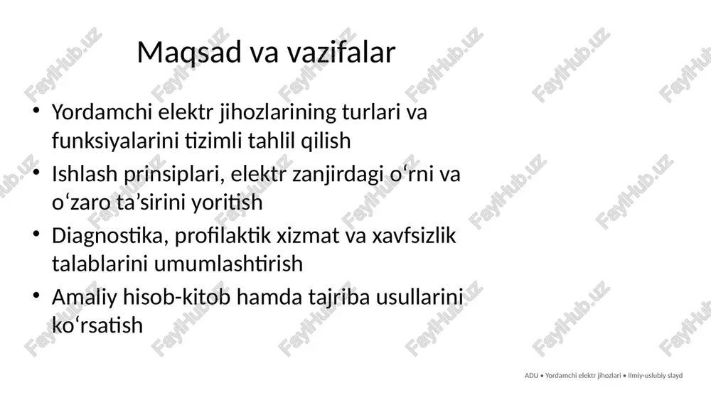 yatsion, avtotransformator yo‘qotishlar: mis yo‘qotishi, temir yo‘qotishi, bo‘sh yurish oqimi sovutish: tabiiy havo, moy, majburiy ventilyatsiya adu • yordamchi elektr jihozlari • ilmiy-uslubiy slayd kuchlanish stabilizatorlari va ups stabilizatsiya usullari: relali, servo, elektron (triak/igbt) yechimlar ups turlari: off-line, line-interactive, on-line (double conversion) parametrlar: quvvat (va/w), o‘tish vaqti, thd, akkumulyator resursi qo‘llanish: kompyuter sinfi, laboratoriya, server xonasi adu • yordamchi elektr jihozlari • ilmiy-uslubiy slayd boshqaruvchi va ijrochi jihozlar rele • kontaktor • ishga tushirgich • invertor adu • yordamchi elektr jihozlari • ilmiy-uslubiy slayd rele va kontaktorlar elektromexanik rele: o‘ram – yadro – yakor – kontaktlar kinematikasi kontaktor: yuqori toklar uchun kontakt juftlari, yoy so‘ndiruvchi kameralar gisterezis va kechikish: boshqaruv zanjirining barqarorligi qo‘llanish: ishga tushirish, blokirovka, yulduz–uchburchak kommutatsiya adu • yordamchi elektr jihozlari • ilmiy-uslubiy slayd magnit ishga tushirgich va yumshoq ishga tushirish dvigatelni ishga tushirish: to‘g‘ridan-to‘g‘ri, yulduz–uchburchak, autotransformator soft-starter: bosqichma-bosqich kuchlanish oshirish, tok zarbasini kamaytirish haddan tashqari yuklama relelari …