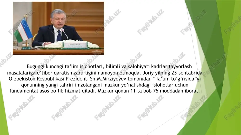 uzluksizligi va izchilligi; 8. o‘n bir yillik ta’limning hamda olti yoshdan yetti yoshgacha bo‘lgan bolalarni bir yil davomida umumiy o‘rta ta’limga tayyorlashning majburiyligi; 9. davlat ta’lim standartlari va davlat ta’lim talablari doirasida ta’lim olishning hamma uchun ochiqligi; 10. o‘quv dasturlarini tanlashga doir yondashuvning yagonaligi va tabaqalashtirilganligi; 11. insonning butun hayoti davomida ta’lim olishi; 12. jamiyatda pedagoglarni ijtimoiy himoya qilishning kafolatlanganligi; 13. ta’lim tizimining dunyoviy xususiyatga egaligi; bilimlilik, qobiliyatlilik va iste’dodning rag‘batlantirilishi; 14. ta’lim tizimida davlat va jamoat boshqaruvining uyg‘unligi; 15. ta’lim faoliyati sohasidagi ochiqlik va shaffoflik. 8-modda. maktabgacha ta’lim va tarbiya maktabgacha ta’lim va tarbiya bolalarni o‘qitish va tarbiyalashga, ularni intellektual, ma’naviy-axloqiy, etik, estetik va jismoniy jihatdan rivojlantirishga, shuningdek bolalarni umumiy o‘rta ta’limga tayyorlashga qaratilgan ta’lim turidir. maktabgacha ta’lim va tarbiya olti yoshdan yetti yoshgacha bo‘lgan bolalarni boshlang‘ich ta’limga bir yillik majburiy tayyorlashni ham nazarda tutadi. maktabgacha ta’lim va tarbiyani tashkil etish tartibi ushbu qonun, shuningdek «maktabgacha ta’lim va tarbiya …