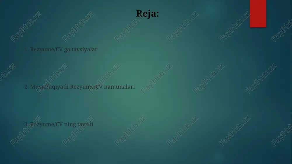 oshmasligi va hr menejerining e'tiborini jalb qiladigan zamonaviy dizayn va tuzilishga ega bo'lishi muhim. rezyume tuzish bo'yicha tavsiyalar rezyumeni tuzishda 3 dan ortiq ish tajribangiz bo'lsa, har birini alohida bo'limda, vaqt oralig'ini aniq ko'rsatib, vazifalaringizni kalit so'zlar bilan ta'riflang. rezyumega kontakt ma'lumotlaringiz (telefon raqami, elektron pochta manzili, ijtimoiy tarmoqlar)ni aniq va to'liq ko'rsating, shuningdek, manzilingizni qisqacha yozing. muvaffaqiyatli rezyume va cv namunalari cvlarda kamida 5 yildan ortiq ish tajribasi bo'lgan nomzodlar uchun professional ko'nikmalar va yutuqlarga alohida e'tibor qaratish muhim, raqamli ko'rsatkichlar bilan tasdiqlash tavsiya etiladi. muvaffaqiyatli rezyumelar 70% dan ortiq holatlarda 3 sahifa hajmidan oshmasligi va aniq, tushunarli til bilan yozilgan bo'lishi kerak. cv tuzish bo'yicha tavsiyalar ish tajribangizni xronologik tartibda, ya'ni eng yangi ish joyingizdan boshlab, har bir ish uchun 3-5 ta kalit vazifani va erishilgan natijalarni (raqamlar bilan) ko'rsating. malaka va ko'nikmalar bo'limiga kamida 5 ta muhim ko'nikma va ularning darajasini (masalan, "microsoft office - yuqori") qo'shing, …