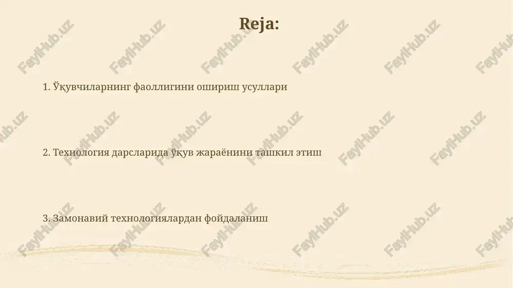 ya mavzusi bo'yicha 3-5 ta kichik mavzularga bo'lish va har bir kichik mavzu uchun alohida o'quv maqsadlari, baholash mezonlari va vaqt jadvallarini belgilash o'rganish jarayonini yanada tizimli qiladi. o'quv jarayonining samaradorligini oshirish uchun, har bir darsda kamida 2 xil o'quv uslubi (masalan, interfaol taqdimotlar, guruhdagi loyihalar, mustaqil ish) qo'llash va o'quvchilarning fikr-mulohazalarini muntazam ravishda to'plash muhimdir. baholash va monitoring o‘quvchilarning progressini kuzatish uchun har 4 haftadan keyin kichik testlar o‘tkazish orqali ularning bilim va ko‘nikmalarini muntazam ravishda monitoring qilish mumkin. monitoring davomida o‘quvchilarning 70% dan ortig‘i mavzuni tushunmasa, o‘qituvchi dars rejasini qayta ko‘rib chiqishi va qo‘shimcha tushuntirishlar berishi kerak. interaktiv o'quv uslublari o'zaro hamkorlikdagi loyihalar (5-7 kishilik guruhlarda) talabalarning muloqot ko'nikmalarini rivojlantiradi va muammo yechish qobiliyatlarini 40% ga oshiradi. "teskari sinf" metodi (flipped classroom) kabi interaktiv usullar, talabalarga 70% ko'proq mustaqil o'rganish imkoniyatini yaratib, dars vaqtida chuqurroq tushunishga va muhokamalarga vaqt ajratadi. e'tiboringiz uchun rahmat @taqdimot_robot image2.jpg image3.jpg image4.jpg image5.jpg …