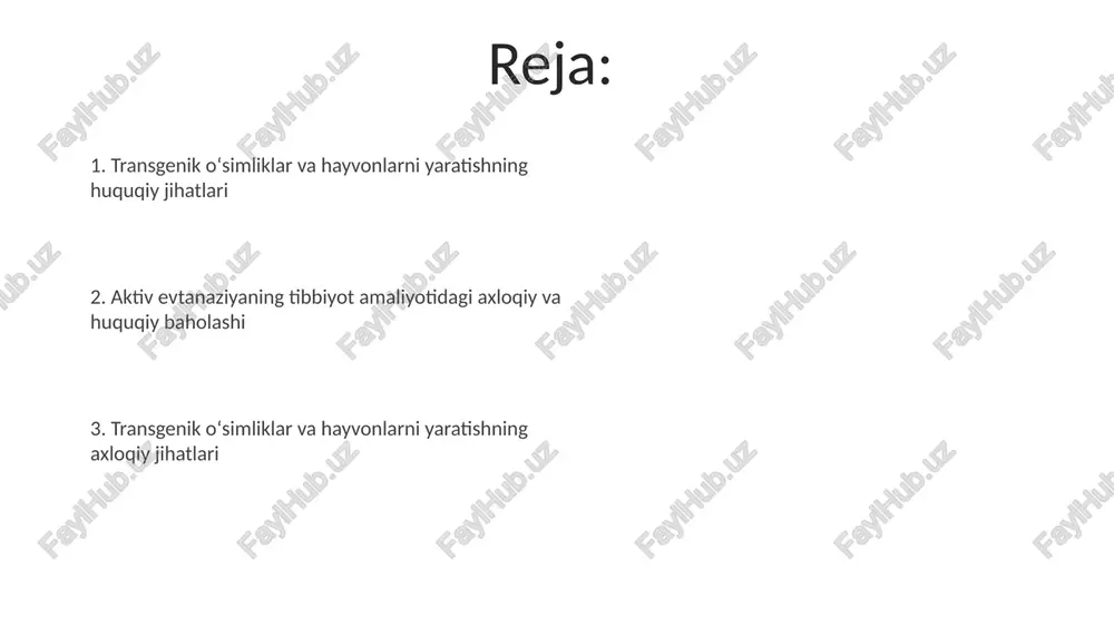 evropa mamlakatlarida qonuniy hisoblanadi. transgenik organizmlarni yaratishning axloqiy muammolari genetik jihatdan modifikatsiyalangan organizmlarni yaratish jarayonida hayvonlarning og'rig'ini va azobini kamaytirish bo'yicha etarli standartlarning yo'qligi axloqiy muammolarni keltirib chiqaradi. transgenik texnologiyalarning keng qo'llanilishi bioxavfsizlikka tahdid soladi, 2-3% ehtimol bilan yangi patogenlarning paydo bo'lishiga olib kelishi mumkin, bu esa atrof-muhit va inson salomatligi uchun xavf tug'diradi. transgenik hayvonlar yaratish texnologiyalari mikroin’ektsiya usulida, ota-ona hujayralarining 10-20% ga yaqini transgenik bo'lib rivojlanadi, bu esa samaradorlikni oshirish uchun takrorlashni talab qiladi. transgenik hayvonlarni yaratishda crispr/cas9 kabi gen tahrirlash texnologiyalaridan foydalaniladi, bu esa maqsadli genlarni yuqori aniqlikda (90% dan yuqori) o'zgartirish imkonini beradi. transgenik o'simliklar yaratish texnologiyalari genli qurol texnologiyasi yordamida oltin zarralari yoki volfram zarralari kabi mikro zarrachalarga dnk biriktiriladi va yuqori bosimli havo oqimi yordamida o'simlik hujayralariga kiritiladi. ushbu usulning samaradorligi 1-5% ni tashkil qiladi. transgenik o'simliklar yaratishda agrobacterium tumefaciens bakteriyalaridan foydalaniladi, bu bakteriya o'simlik hujayralariga t-dna deb ataluvchi dnk bo'lagini o'tkazadi va shu …