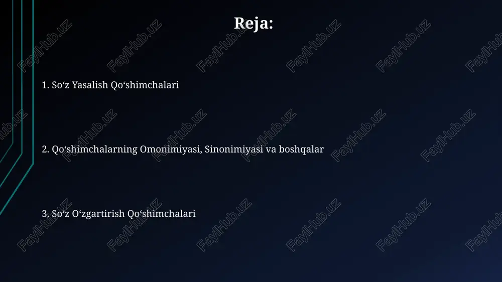 vlik nafaqat yangi so'zlar soniga, balki ularning leksik-semantik maydonidagi tarqalish darajasiga ham bog'liq; masalan, "-chi" affiksi 5 ta soha so'zlarini hosil qiladi. ba'zi affikslar yuqori produktivlikka ega bo'lib, grammatik jihatdan 10 dan ortiq turdagi so'zlarni hosil qilishi mumkin, boshqalari esa cheklangan miqdorda so'zlar yasashda qo'llaniladi. affikslarning sintaktik vazifalari affikslar, soʻzning boshqa soʻzlar bilan birikishida, ya’ni sintaktik funksiyasida, soʻzning grammatik xususiyatlarini (1-2 ta) oʻzgartirib, uning gapdagi rolini aniqlashtirishi mumkin. ba’zi affikslar, masalan, -chi, -da, -dan kabi, 2-3 xil sintaktik vazifani bajarishi mumkin, ya’ni ularning vazifasi kontekstga bogʻliq boʻladi. affiksal gomoniya ba’zi hollarda, affiksal gomoniya so‘zning grammatik vazifasini aniqlashda noaniqlik yuzaga keltirishi mumkin, bu esa 3 dan ortiq variantli tahlillarga olib kelishi mumkin. masalan, -chi qo‘shimchasi ish qiluvchini yoki predmetni bildirishi mumkin. affiksal gomoniyaning mavjudligi leksik birliklarning semantik va morfologik tahlilida muayyan qiyinchiliklarni keltirib chiqaradi. masalan, 5 ta so‘zga qo‘llanilgan bitta qo‘shimcha 2 xil ma’noda ishlatilishi mumkin. soʻz yasaş affikslari ba'zi soʻz …