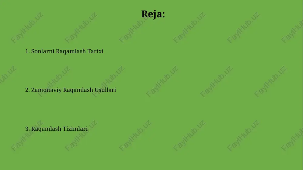oʻlib, kitoblar va jurnallarni noyob tarzda aniqlash imkonini beradi va global ma'lumotlar bazalarida qidirishni osonlashtiradi. tovarlarni skanerlashda ishlatiladigan shartli kodlar, masalan, ean-13 (13 raqamli evropa artikul raqami), global savdo tarmoqlarida millionlab mahsulotlarni aniqlash va inventarizatsiyani avtomatlashtirish uchun muhim rol o'ynaydi va logistika jarayonlarini soddalashtiradi. sonlarni raqamlash tarixi qadimgi bobil davlatida 60-lik sanoq sistemasidan foydalanilgan boʻlib, bu sistema zamonaviy vaqt oʻlchovlari va burchaklarni oʻlchashda hali ham qoʻllaniladi, ya’ni 60 sonining koʻp boʻluvchilarga ega boʻlishi qulaylik yaratgan. rim raqamlari sistemasida, i, v, x, l, c, d, m harflari mos ravishda 1, 5, 10, 50, 100, 500 va 1000 sonlarini ifodalaydi. bu sistema additiv va subtraktiv tamoyillarga asoslangan boʻlib, katta sonlarni yozishda murakkabliklarni keltirib chiqargan. raqamlashning kelajagi raqamlash tizimlarida kvant hisoblash texnologiyalarining qo'llanilishi 10 18 dan ortiq operatsiyalarni sekundiga bajarish imkonini beradi, bu esa ulkan ma'lumotlarni samarali qayta ishlash va yangi raqamlash algoritmlarini yaratishga yordam beradi. tarmoqlashgan raqamlash tizimlari, masalan, blokcheyn texnologiyalari, noyob …