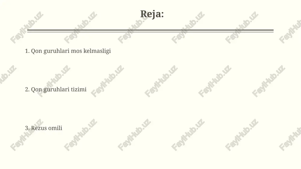 quyishdan oldin donorni tekshirish juda muhim, chunki no mos qon quyish jiddiy asoratlarga, hatto o'limga olib kelishi mumkin. qon guruhlari va rh omilini aniqlash uchun serologik testlar qo'llaniladi. qon guruhlari haqida noto'g'ri tushunchalar rhesus-manfiy onaning rhesus-musbat bolasini tug'ishi har doim ham xavfli emas; faqat birinchi homiladorlikda xavf yuqori bo'lishi mumkin. qon guruhlari va rh omili insonning shaxsiy xususiyatlari, kasallikka moyilligi yoki intellektual qobiliyatlari bilan bog'liq emas; bu faqat qonda mavjud bo'lgan antigenlarni ifodalaydi. qon guruhlari tizimi qon quyish jarayonida donor va retsipientning qon guruhlari va rh omillari mos kelishi juda muhim. mos kelmaslik jiddiy reaksiyalar, hatto o'limga ham olib kelishi mumkin. qonni tekshirish va mos kelishini aniqlash majburiy. qon guruhlari tizimi abo tizimiga asoslangan bo'lib, unda a, b, ab va 0 guruhlari mavjud. har bir guruh qizil qon tanachalarining yuzasida mavjud bo'lgan antigenlar bilan aniqlanadi. o guruhining antigenlari yo'q. abo tizimi abo tizimi qon guruhlarini a, b va 0 antigenlarining …