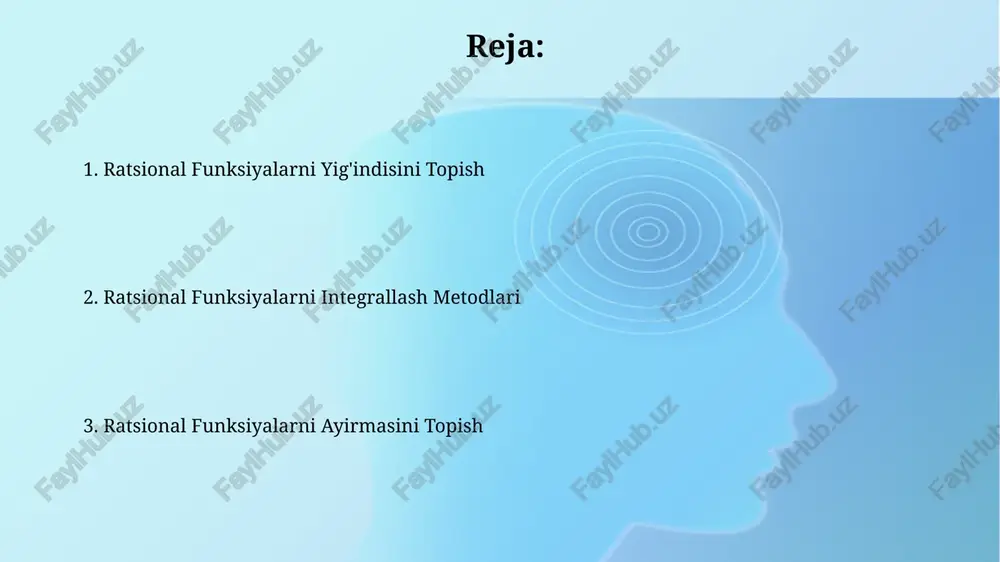 hi darajali va 1ta ikkinchi darajali koʻpaytuvchilardan iborat boʻlsa, qisman kasrlarga ajratishdan keyin 3 ta turli integral hisoblash talab qilinadi. ratsional funksiyaning noʻtoʻgʻri integrali, agar integrallash chegaralari cheksizlikka intilsa yoki integrandda vertikal asimptotlar boʻlsa, koʻpincha chegaraviy oʻtish orqali hisoblanadi. masalan, integrallash chegaralari -∞ dan +∞ gacha boʻlishi mumkin. ratsional funktsiyalarni integrallashga kirish ratsional funksiyalarni integrallashda trigonometrik almashtirish usullari, ayniqsa, maxrajda kvadrat uch hadli ifodalar bo'lganda, integral hisoblashni soddalashtirishga yordam beradi, masalan, 1/(x²+2x+5) integrali uchun. ratsional funksiyalarni integrallashda qisman kasrlarga ajratish usuli muhim rol o'ynaydi, bu esa 3-tartibli yoki undan yuqori darajali maxrajli kasrlarni sodda kasrlar yig'indisiga aylantirish imkonini beradi. ratsional funktsiyalarning trigonometrik integrallari ba'zi hollarda, ratsional funksiyaning trigonometrik ifodasi 3 yoki undan ortiq trigonometrik funksiyalarni o'z ichiga olishi mumkin, bu esa integrallashni murakkablashtiradi va maxsus texnikalarni talab qiladi. ratsional funksiyalarning trigonometrik integrallarini hisoblashda, almashtirish metodini qo'llash orqali 2x=tg(u) kabi almashtirishlar yordamida integrallarni soddalashtirish mumkin, bu esa ko'pincha 1-darajali ratsional funksiyaga …