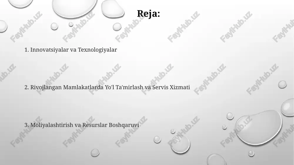 rslarni samarali taqsimlashni ta'minlaydi. yo'l infratuzilmasini boshqarishda prognozli ta'mirlash strategiyasini qo'llash orqali, yo'llarning foydalanish muddatini 25% ga uzaytirish va rejalashtirilmagan ta'mirlash xarajatlarini 30% ga kamaytirish mumkin. zamonaviy texnologiyalar va innovatsiyalar avtonom mashinalardan yig'ilgan ma'lumotlar asosida yo'l holatini kuzatish va prognozlash tizimlari yo'l ta'miri uchun mablag' sarflarini 15% gacha kamaytiradi. infraqizil spektroskopiya va giperspektral tasvirlash orqali yo'l yuzasining sifatini aniq baholash va materiallarning eskirish darajasini aniqlash mumkin, bu esa samaraliroq ta'mirlash ishlarini tashkil etishga yordam beradi. yo'l ta'mirlashda 3d-modellashtirish va raqamli-to'qima texnologiyalarini qo'llash yo'llarning 70% gacha kamroq vaqtda va 20% gacha arzonroq ta'mirlanishiga olib keladi. moliyalashtirish manbalari va byudjet masalalari yo'l ta'mirlash va texnik xizmat ko'rsatish uchun moliyalashtirishning asosiy manbalari orasida yo'l soliqlari, davlat byudjeti ajratmalari va xususiy sektor investitsiyalari (taxminan 30% gacha) mavjud bo'lib, ularning nisbati mamlakatga bog'liq. ko'plab rivojlangan davlatlarda yo'l ta'mirlash byudjeti yillik umumiy byudjetning 2-5% ni tashkil qiladi, lekin bu ko'rsatkich yo'l infratuzilmasining holati va transport hajmlariga …