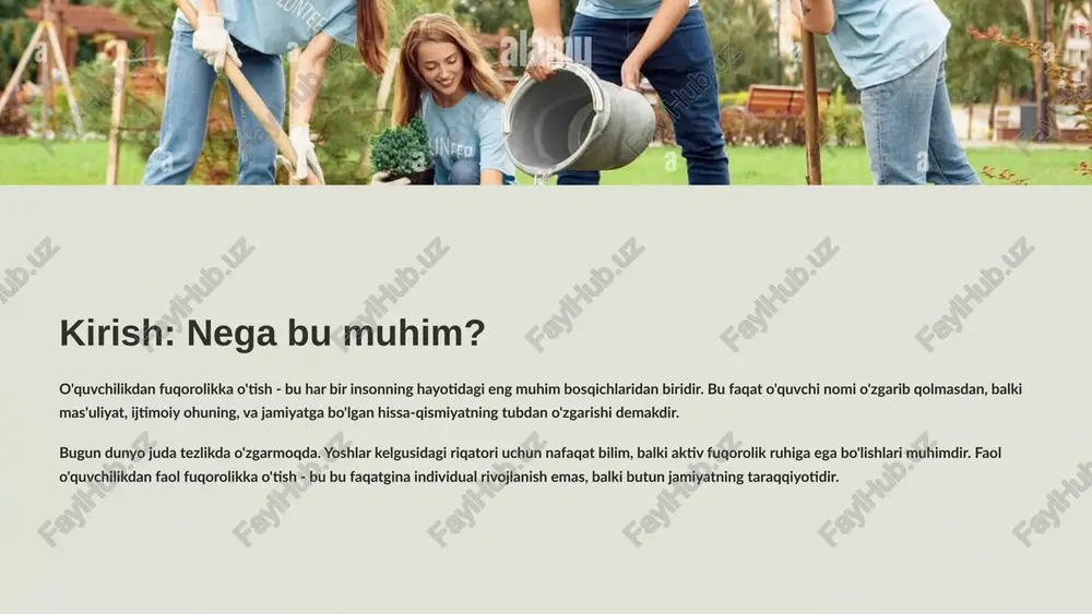 tomonidan ham shakllantiriladigan sistem. jamiyat a'zolari malaka va e'tiborni birlashtiradigan fuqorolar hamkorlik turli tizimlar va muassasalar o'rtasida faol maslahatlashuv huquq va mas'uliyat har biriga teng huquq va kafolatlangan mas'uliyat innovatsiya va rivojlanish jamiyatni yaxshilash uchun yangi g'oyalar va metodlar 1.7.2013 5 ‹#› faol fuqoroning roli va majburiyatlari 1 savbat-sazovor jamiyatning muammolari haqida har hili olamda o'rtachasidan ko'proq fikri bilishi va ifodasi. ular muhim kerakli masalalar bo'yicha noiqol muhokama qadriga va ijtimoiy fikrni o'zgartira oladi. 2 amal qoliluvchi fuqorolar faqat faqir uchun farzand emas, balki o'z g'oyalarini tayiniy va amalga oshiradi. ular muammoni hal qilish uchun birga keladi va masul amallar to'plamini bajaraydi. 3 kontrol qiluvchi faol fuqorolar hokimiyatining ish-faoliyatini nazorat qiladi va uning salohiyatini qisqalib, ya'ni jamiyatning halicha nafsini qo'riqlaydi. 1.7.2013 6 ‹#› o'quvchilikdan fuqorolikka o'tish yo'llari o'zni bilish boshlash, o'z qobiliyat, qiziqish va talabalari bilish ijtimoiy ohuning rivojlanishi muxtlif jamiyatlar bilan urinish, turli odamlarni tanish, ularni qabul qilish mas'uliyat …